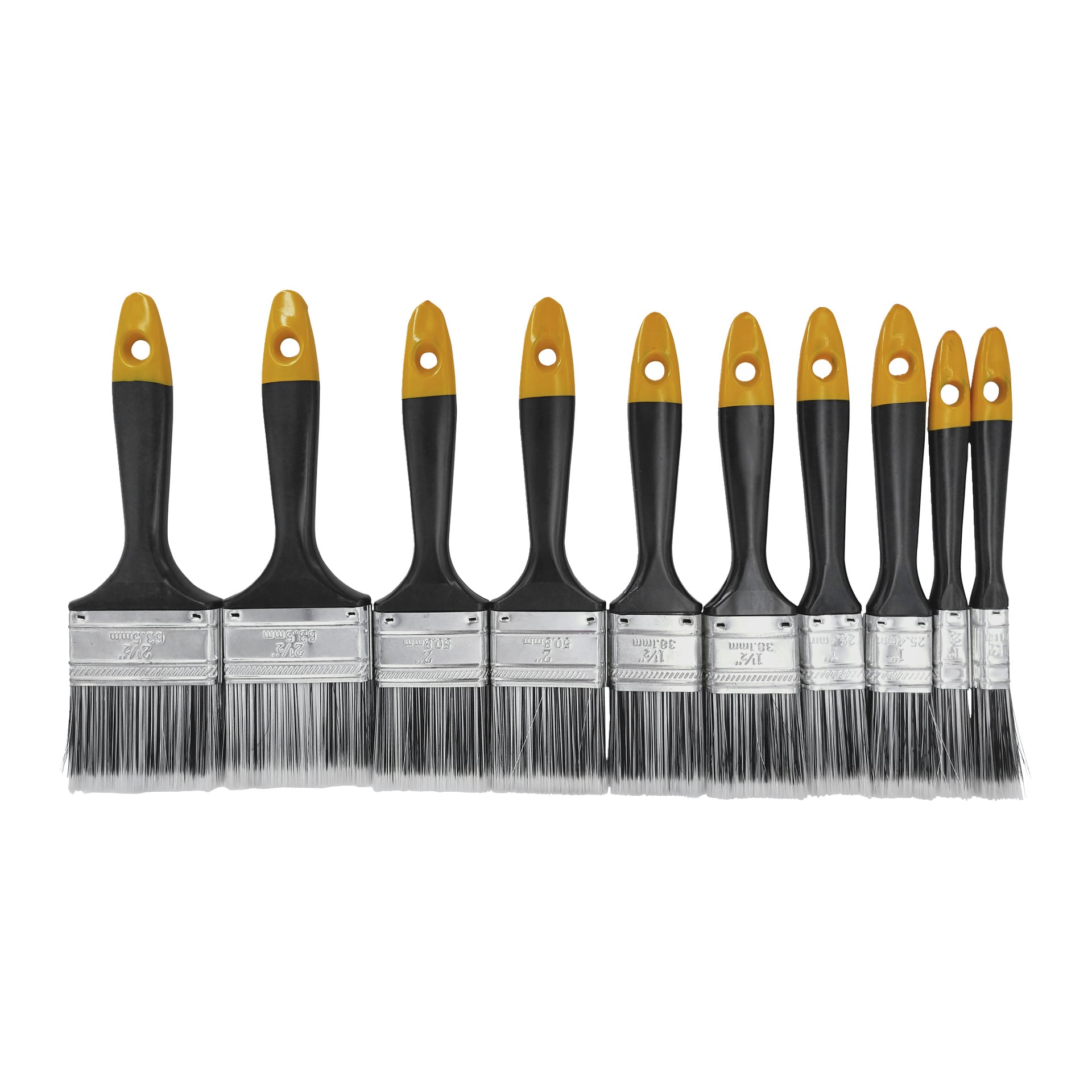Hard Head Brush satte 10 stykker med ti malerpensler med svarte håndtak og gule lokk, arrangert i synkende størrelsesorden med mål fra 1 tomme til 2 1/2 tommer trykt på metallhylsene.