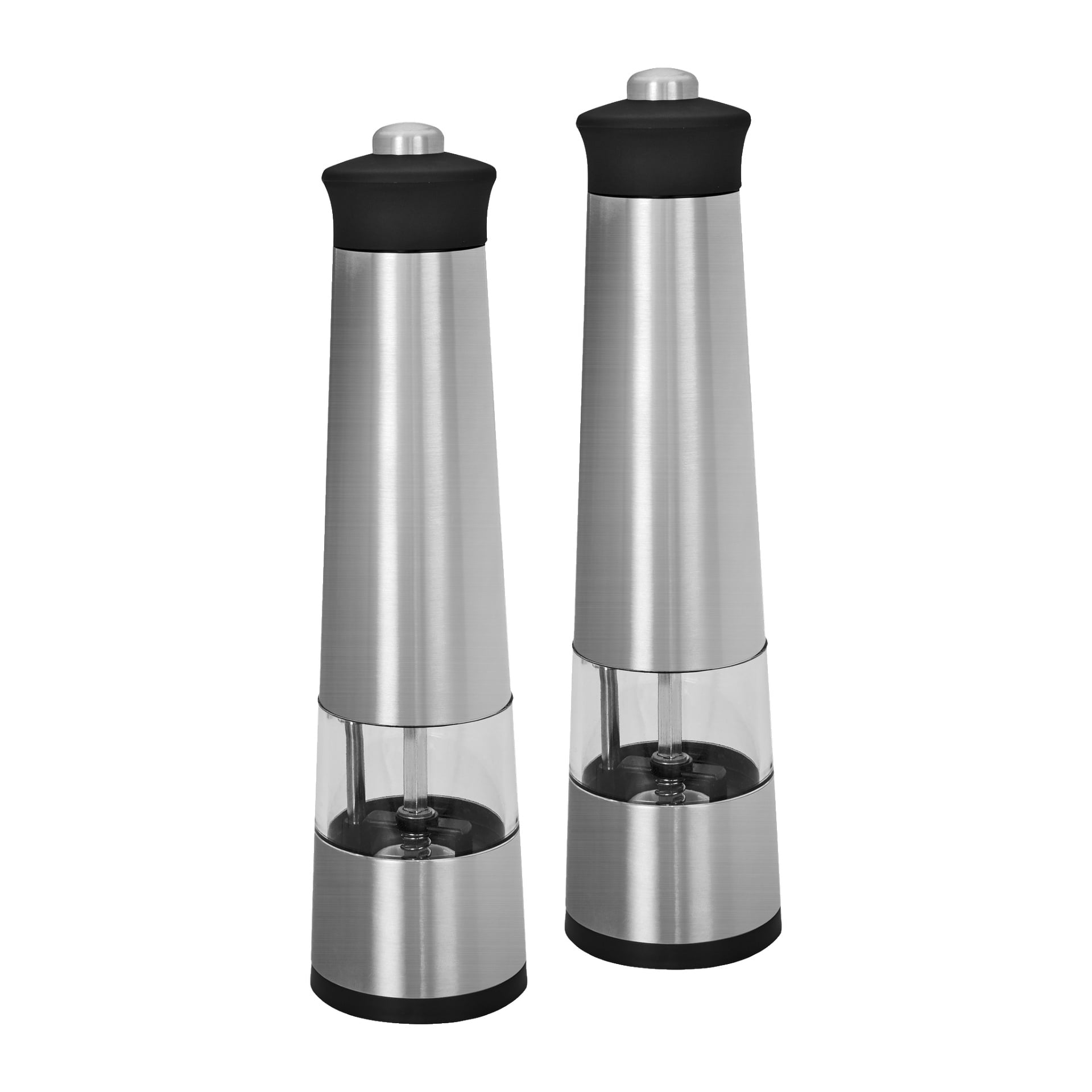 Par Menuett Electric Spice Mills med rustfria stålkroppar, svarta toppar och genomskinliga mittpartier, placerade upprätt bredvid varandra.