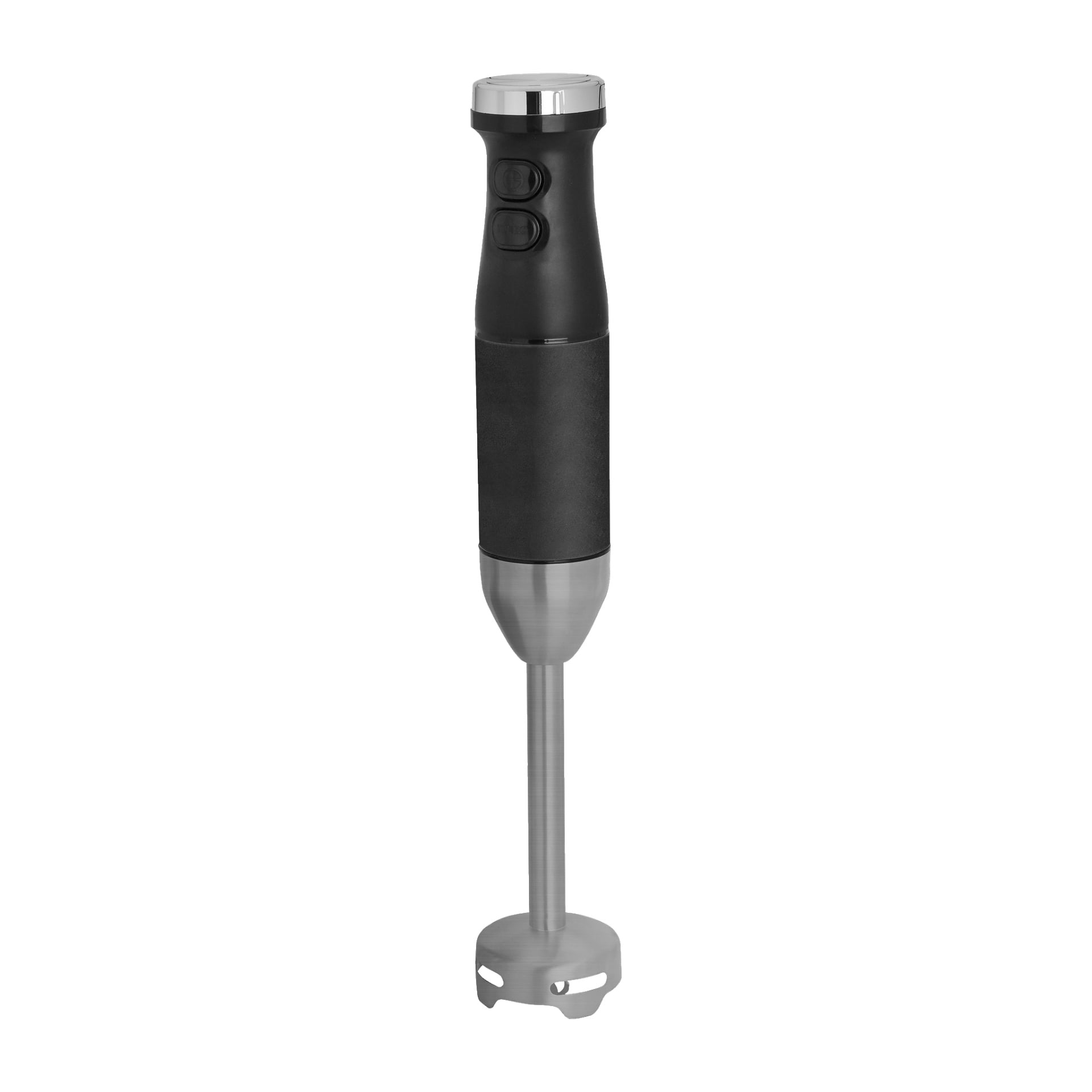 En svart och silverfärgad Menuett-handmixer med två knappar på handtaget och ett skaft i rostfritt stål.