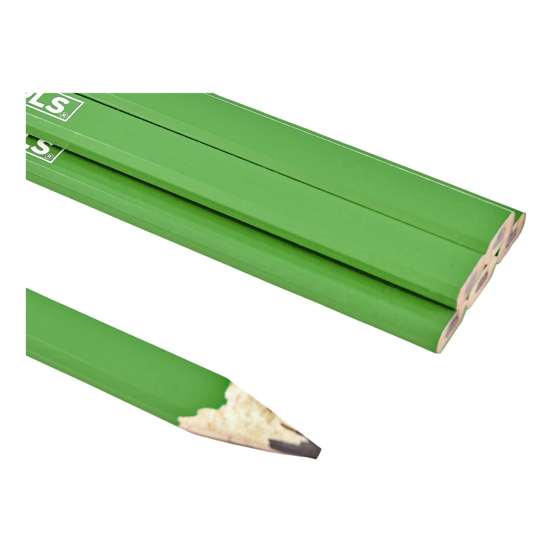 Cztery zielone ołówki Meec Tools Carpenter's do kamienia, oznaczone jako 6 paków, trzy ułożone na górze i jeden ostry ołówek z płaskim brzegiem umieszczony ukośnie poniżej.
