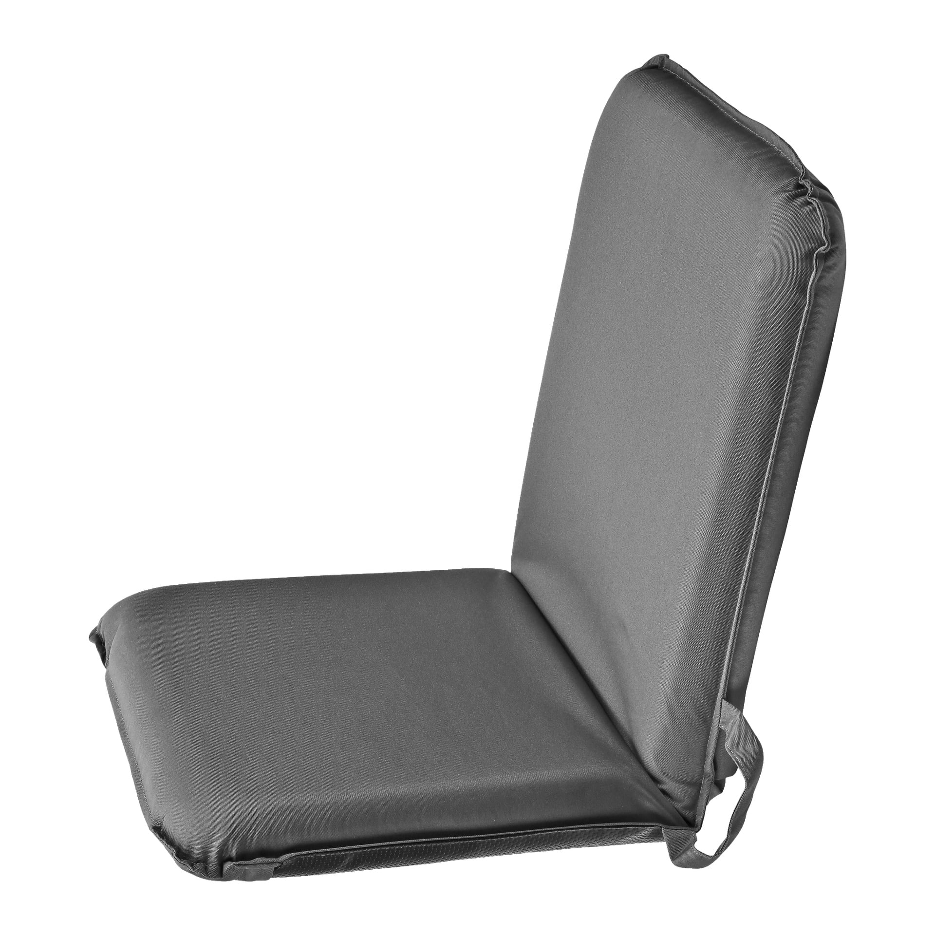 Kayoba Folding Chair har ett vadderat ryggstöd och en sittdel klädd i mörkgrått tyg. Stolen är gjord för enkel transport, står upprätt och är utrustad med ett tyghandtag på sidan för enkel bärning.