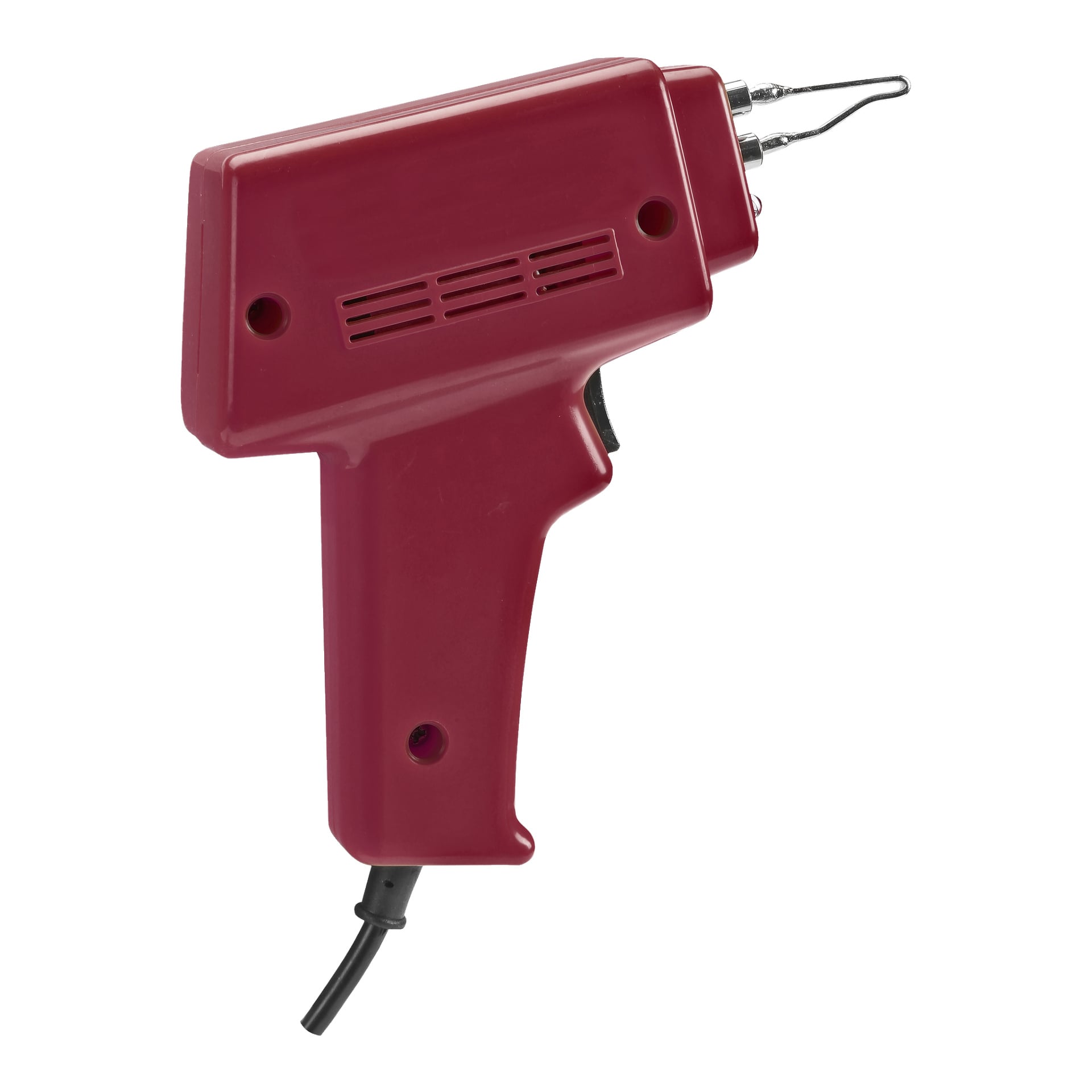 En röd Meec Tools lödpistol med svart strömkabel, sidoventiler och en metalllödspets visas.