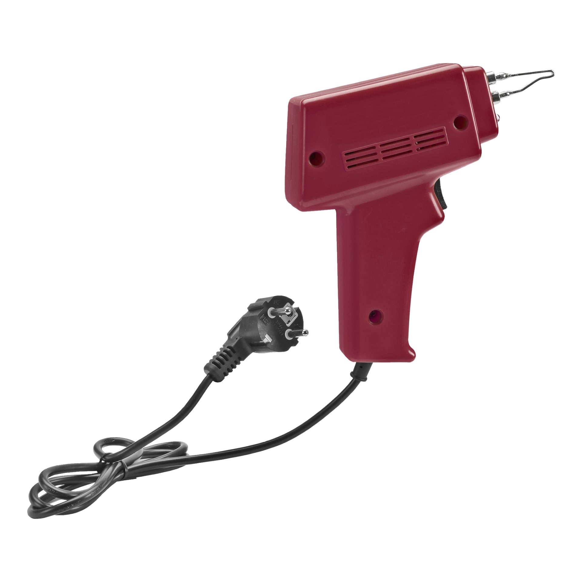 En röd Meec Tools lödpistol med svart strömkabel och europeisk kontakt, med lödspetsen uppe till höger.