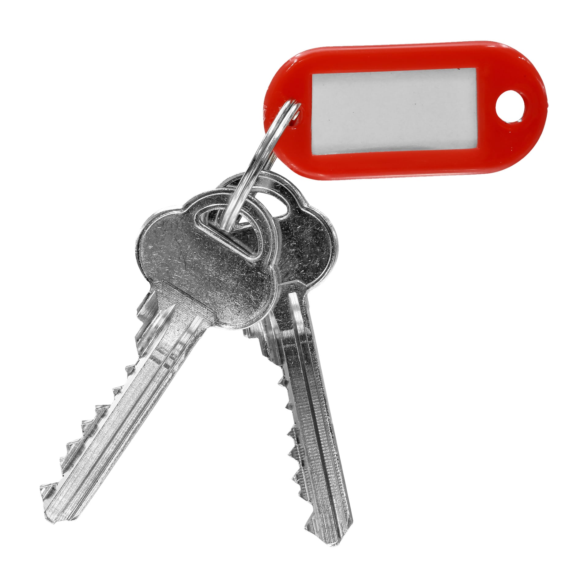 Dwa srebrne klucze wiszą na metalowym breloczku Hard Head Key Rings 5-pack, który również zawiera czerwoną plastikową metkę. Metka ma pustą białą etykietę i otwór do przymocowania do breloka.