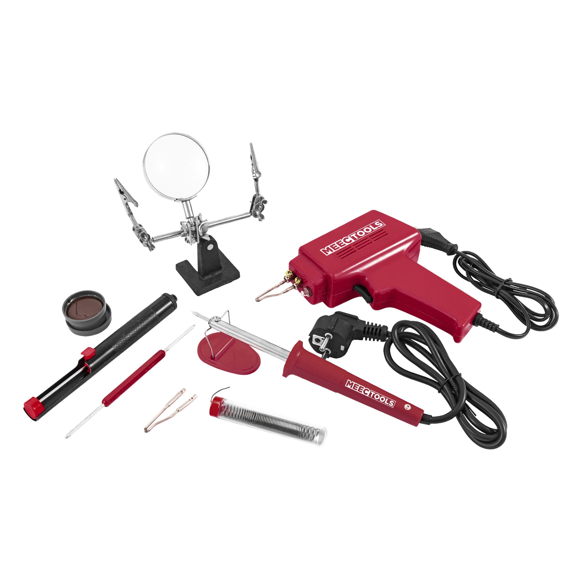 Et 9-delt Meec Tools loddepistolsett med loddepistol, loddebolt, stativ, forstørrelsesglass, loddetråd, pinsetter, avloddepumpe og en liten beholder.