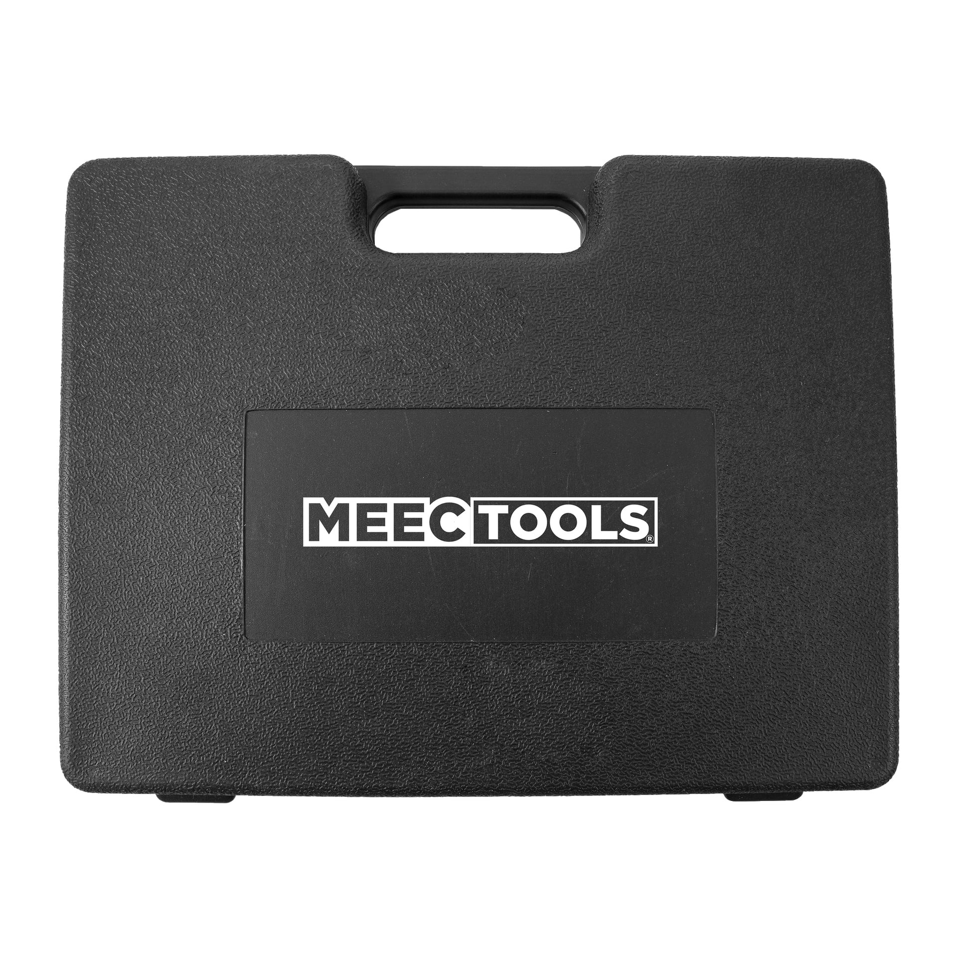 En svart hard plastkasse med et øverste håndtak, med en sentral rektangulær etikett hvor det står "Meec Tools" med hvite bokstaver på svart bakgrunn. Kassen inneholder Meec Tools 9-delt loddepistolsett.
