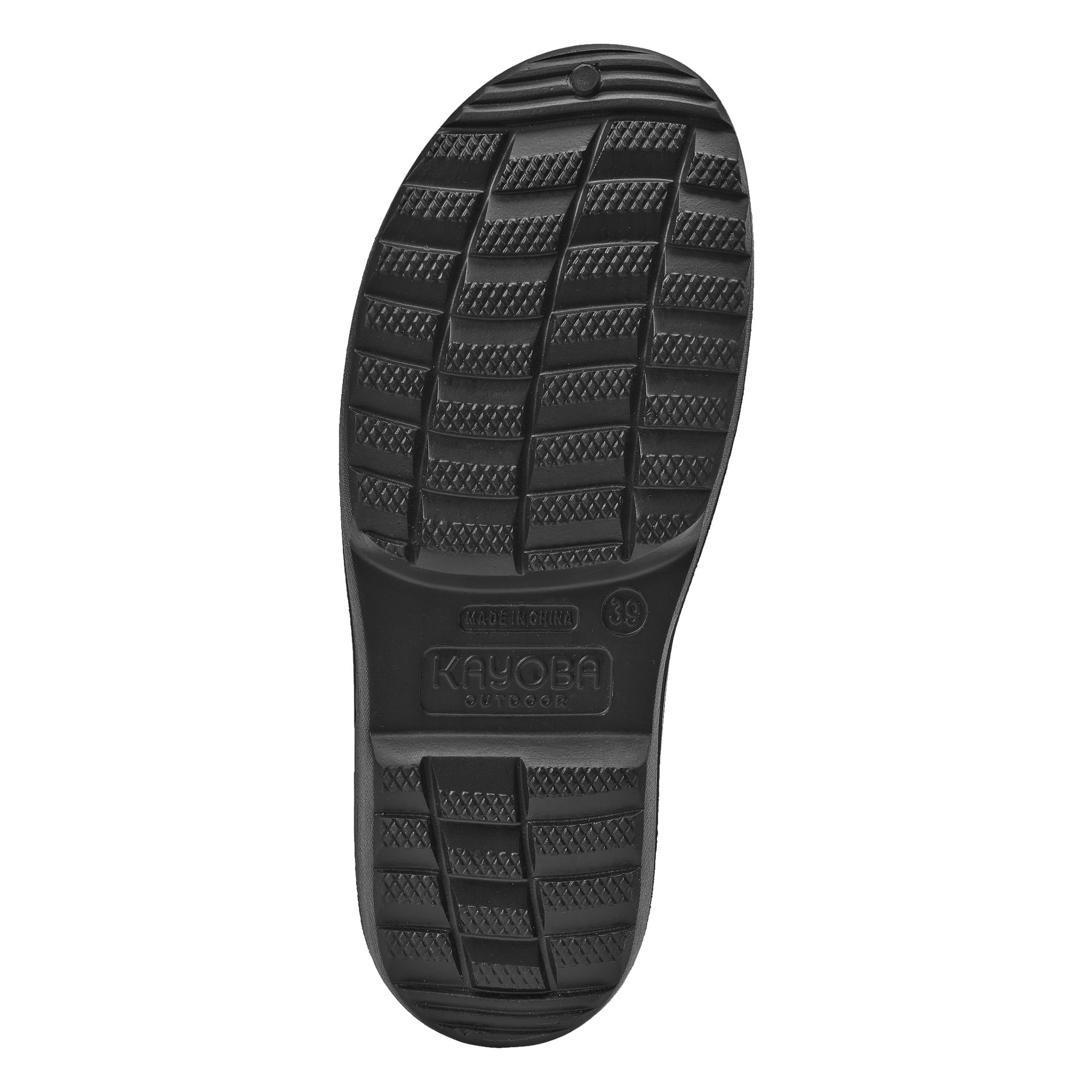 podeszwa kapci ogrodowych z wzorzystym bieżnikiem, z napisami "Kayoba Outdoor" i "Made in China". Rozmiar 39 jest widoczny w okolicach środka podeszwy.