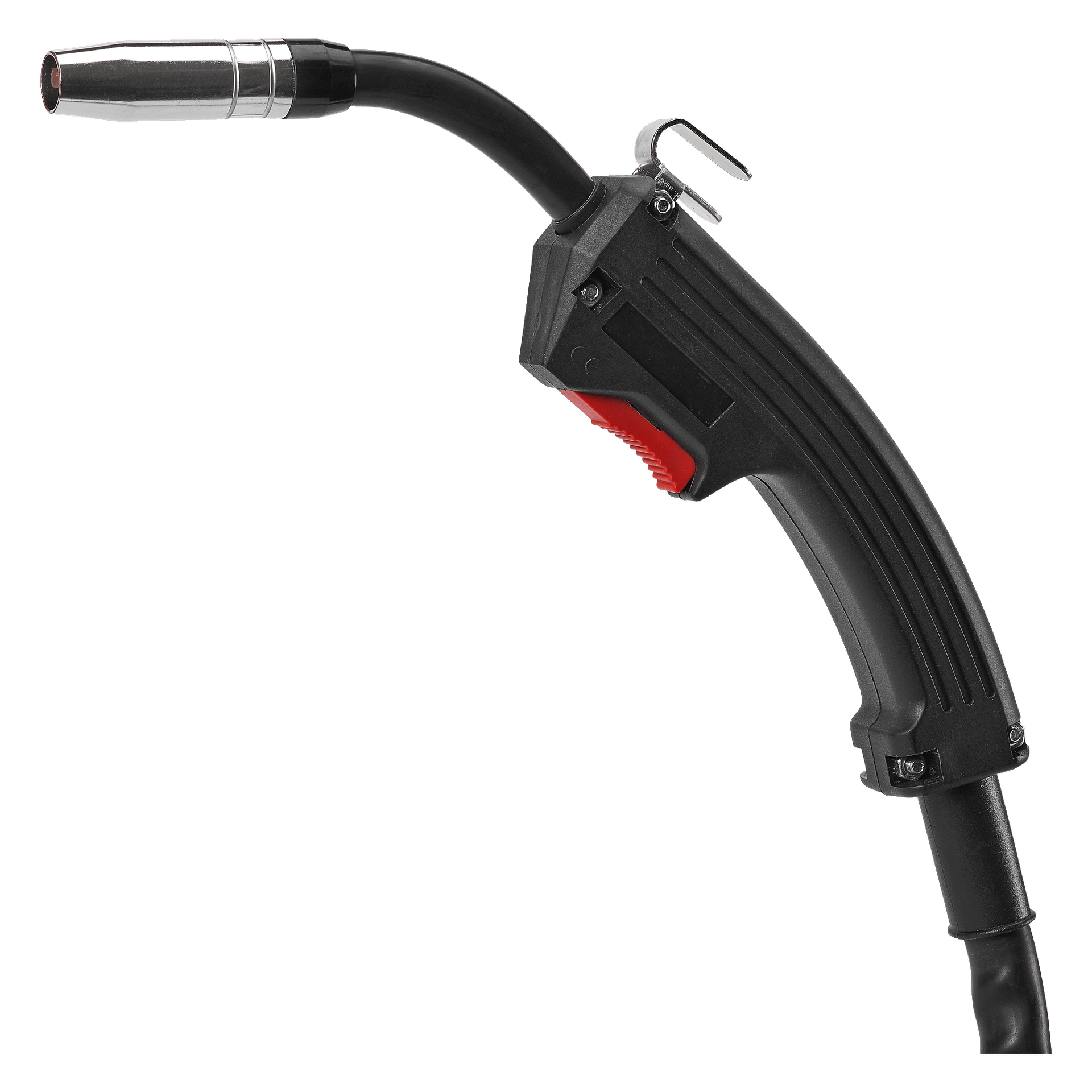 Zbliżenie palnika Meec Tools Combined Welder MULTI MIG, pokazujące jego czarną rękojeść, czerwony spust i metalową dyszę. Pochodnia jest ustawiona pod kątem ukośnym.