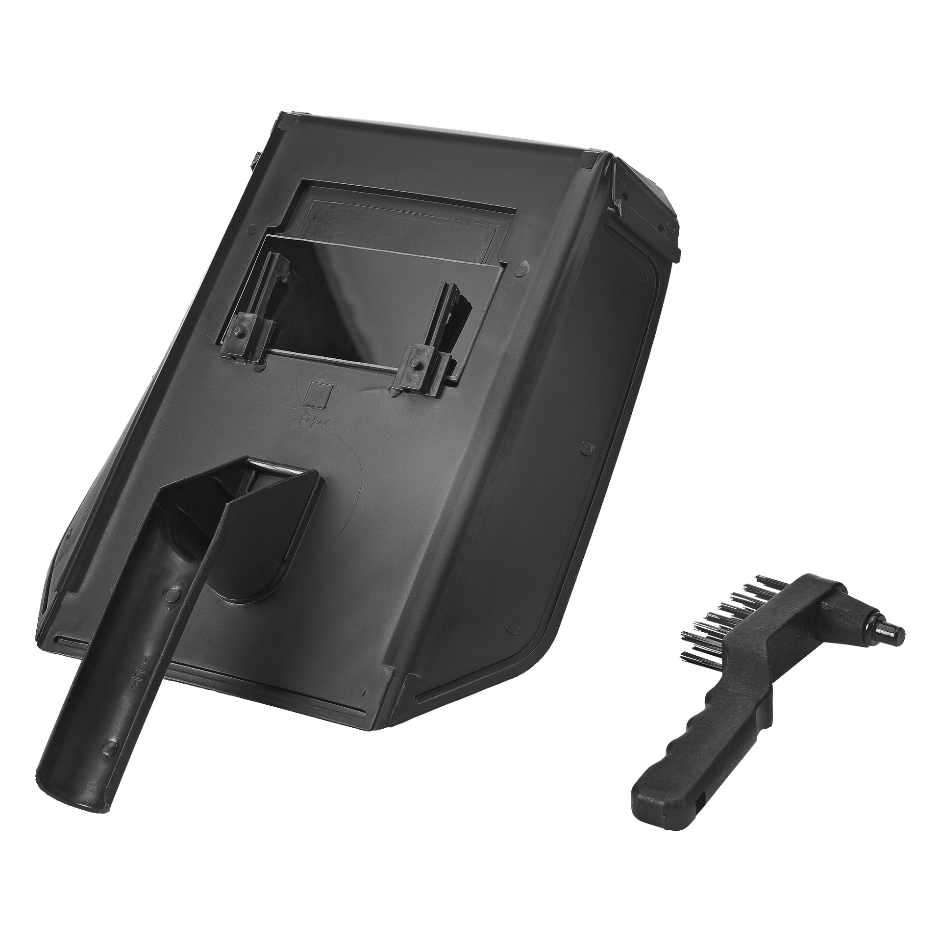 maska spawaczkowa Meec Tools Combined MULTI z plastikowym okienkiem do spawania jest umieszczona obok małej czarnej szczotki drucianej z rączką.