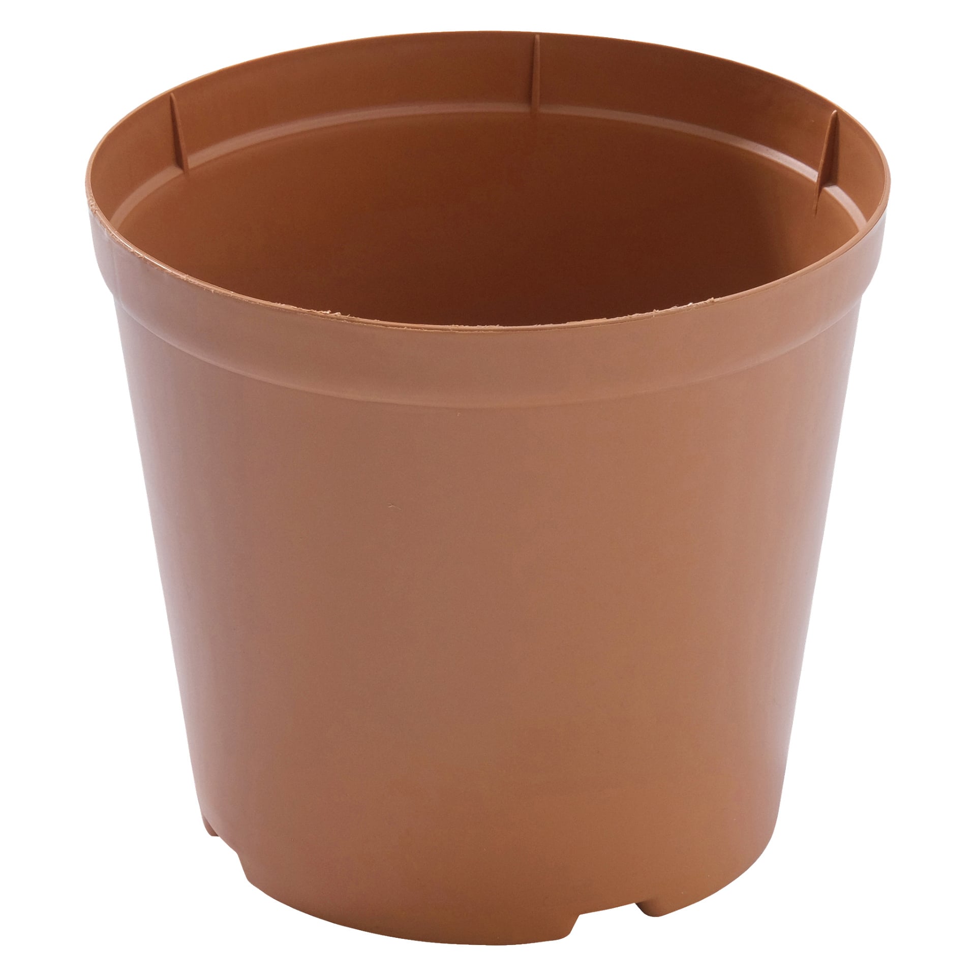 En enkel rund Hard Head-kruka gjord av ljusbrun plast, med en subtilt utbredd kant och tre små fötter för dränering vid basen. Grytan är tom.