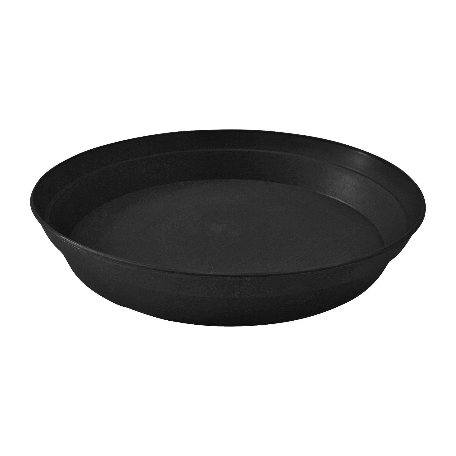 En svart, rund, grunn plastblomsterpotteskål fra Hard Head med glatte sider og flat bunn.