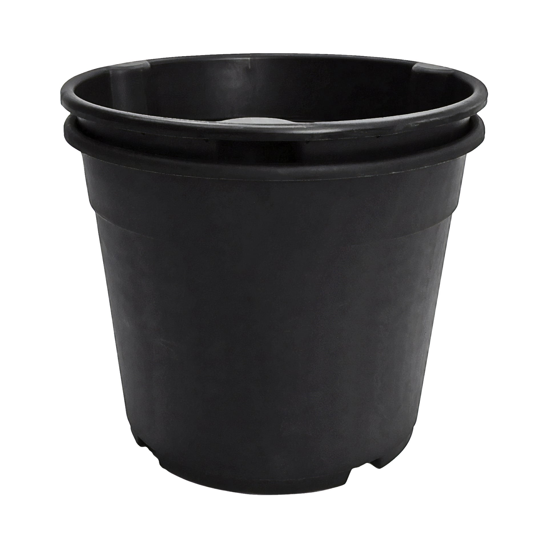 En svart plastkruka med Hard Head Potato med bred kant och lätt sluttande sidor är avbildad. Krukan är tom och väl lämpad för trädgårdsskötsel eller inomhusväxter.