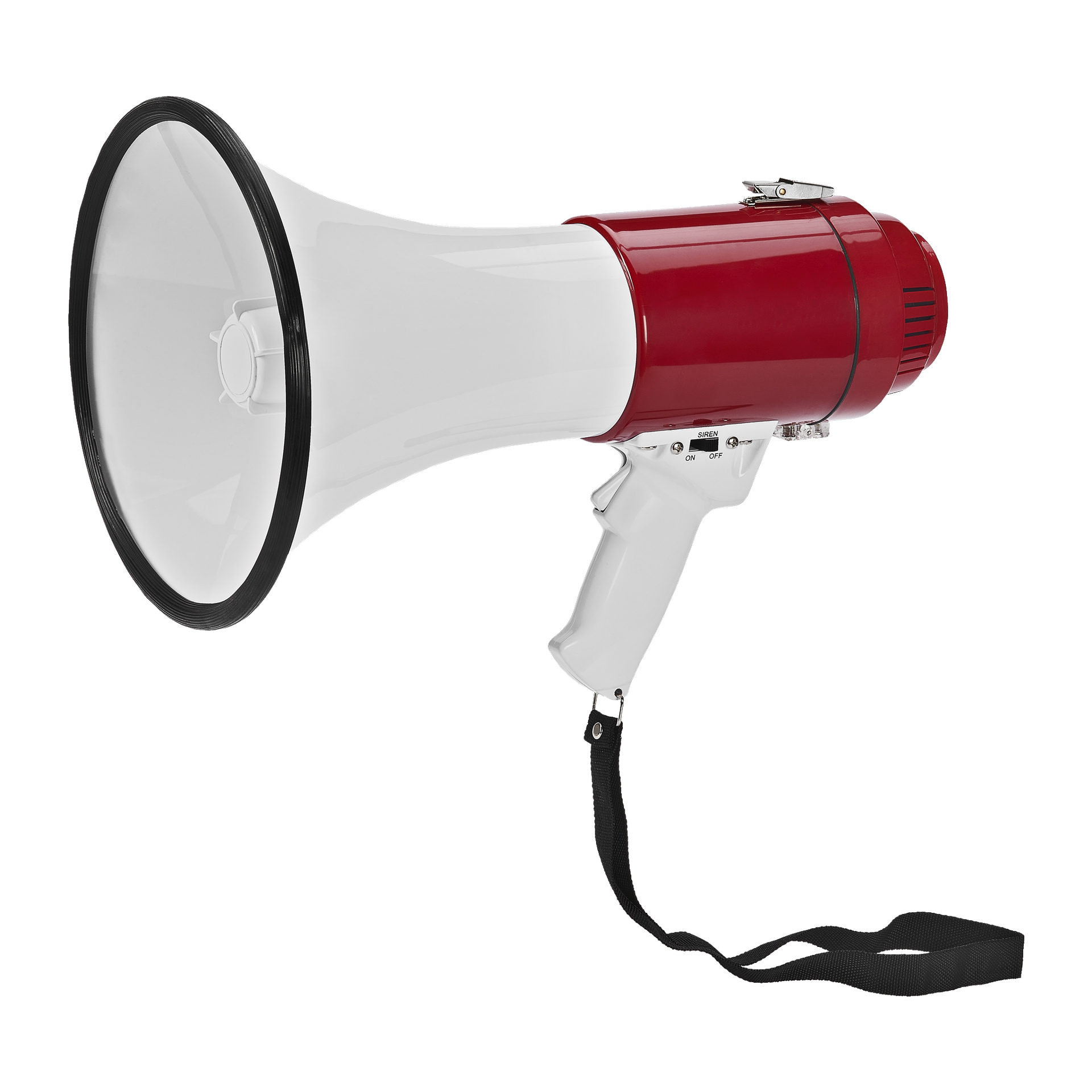 Bright Megaphone ma czerwone ciało, biały stożek, czarną obręcz i pasek do przenoszenia.