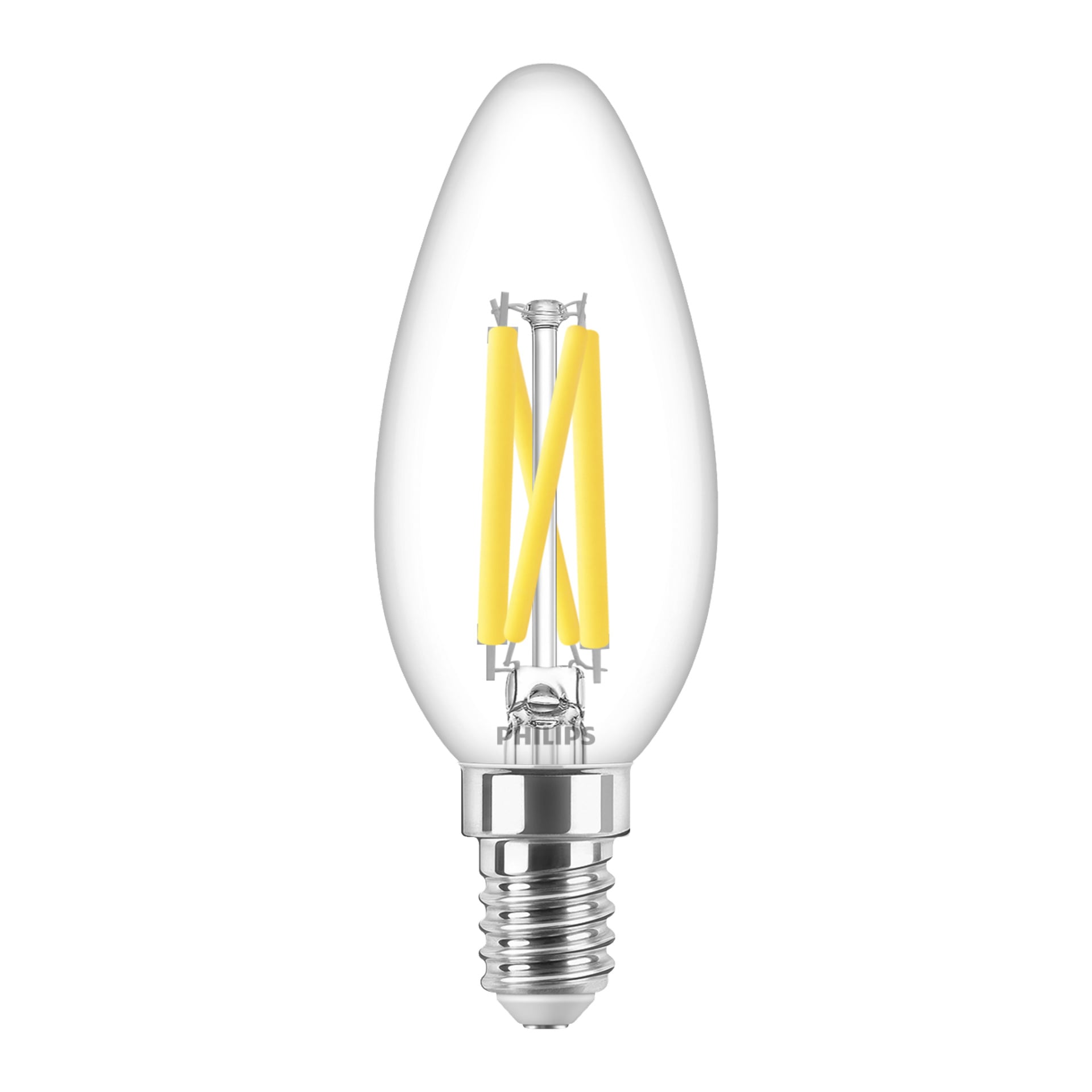 En Philips WarmGlow dimbar ljuskrona LED-lampa med vertikalt placerade gula glödtrådar inuti ett ljusformat, avsmalnande glashölje och en metallisk skruvbas.