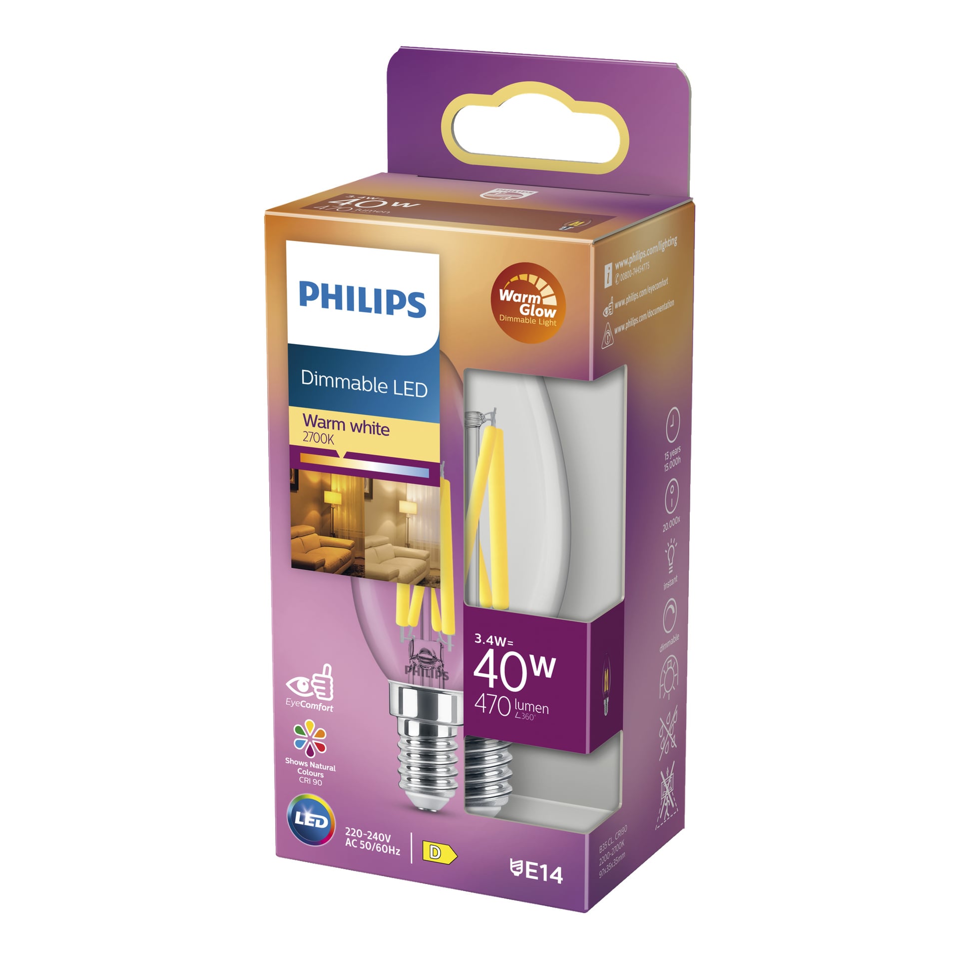 En Philips WarmGlow dimbar ljuskrona LED-lampa i varmt vitt, med 3,4 watt (40W ersättning) med 470 lumen och en E14-bas. Förpackningen marknadsför EyeComfort- och WarmGlow-funktioner, och inkluderar en bild på glödlampan som är tänd i ett mysigt vardagsrum.