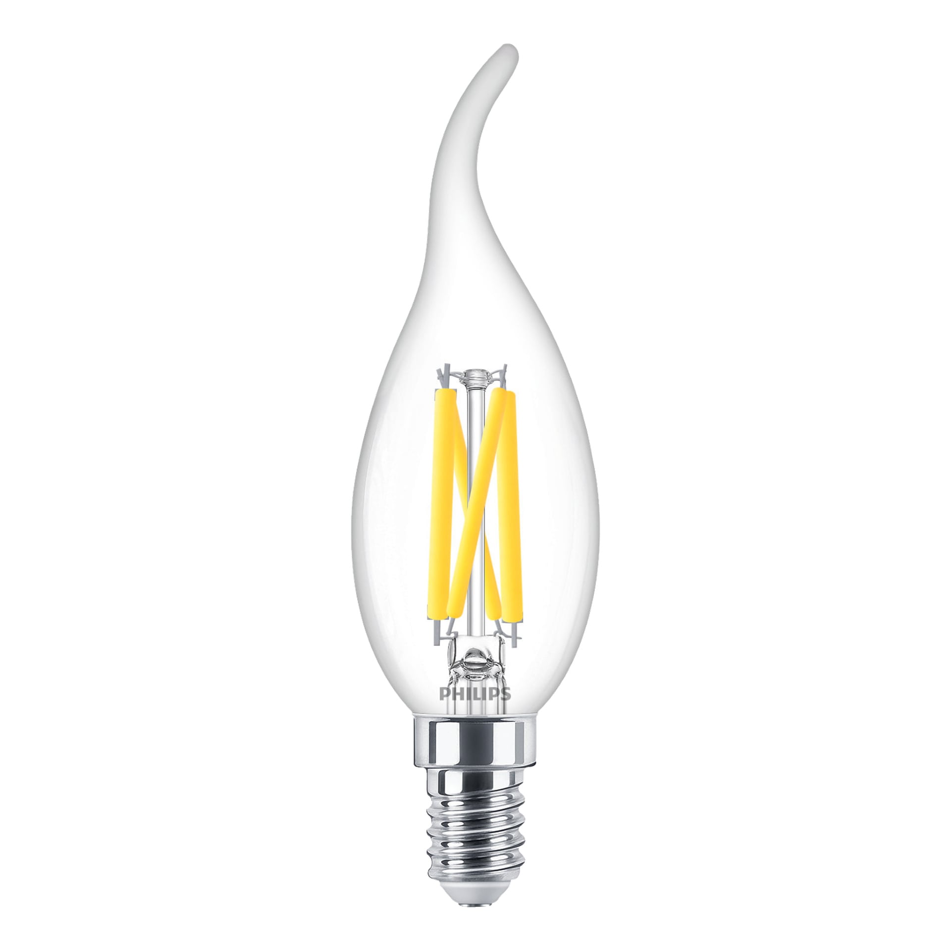 En Philips dimmbar ljuskrona LED-lampa WarmGlow med en transparent, flamformad form, synliga gula filament och en silverskruvbas.