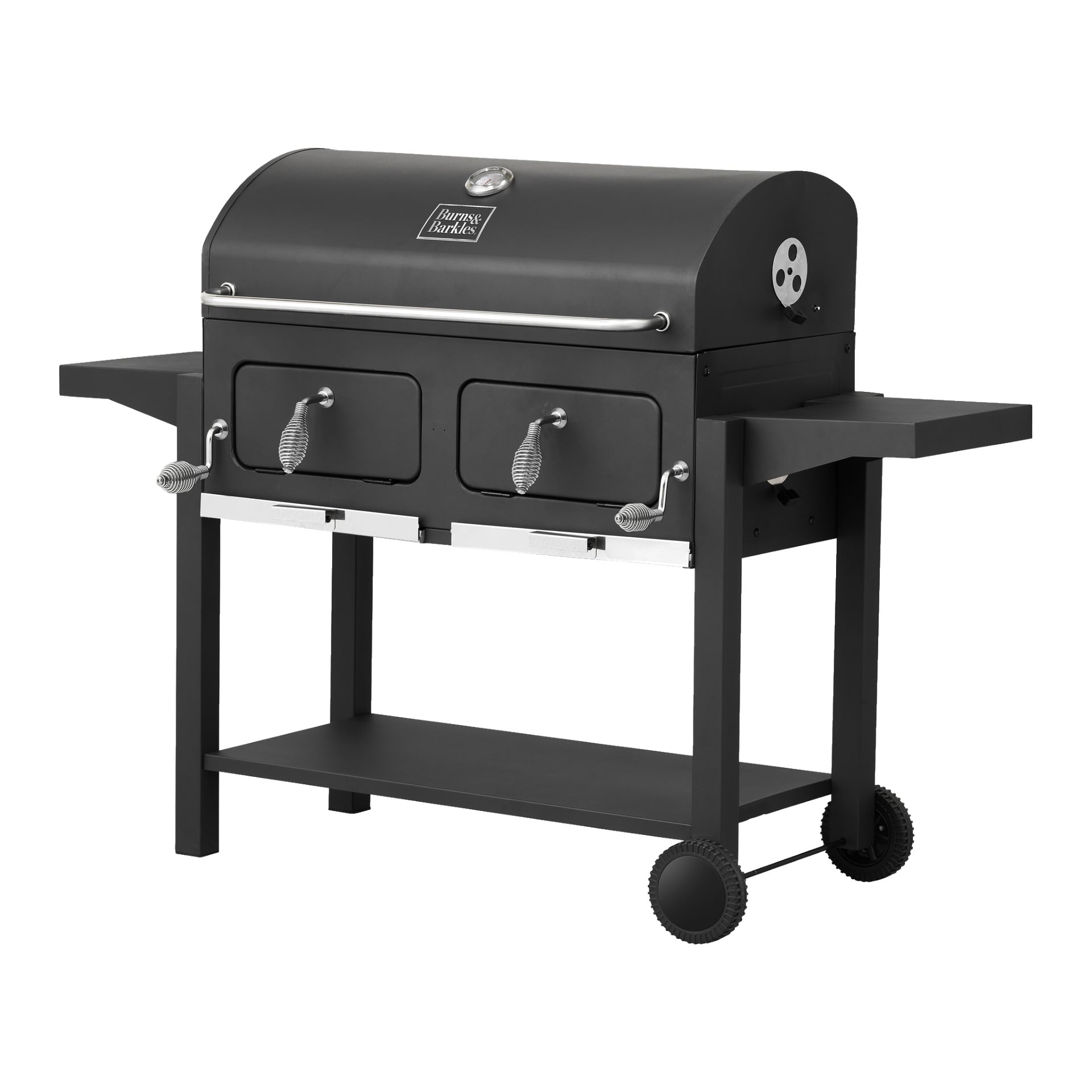 Der Burns & Barkles Coal King 8242 ist ein rechteckiger schwarzer Holzkohlegrill mit zwei vorderen Türen und Metallgriffen. Er verfügt über Seitenregale, ein unteres Aufbewahrungsregal und ist mit zwei Rädern für eine leichtere Beweglichkeit ausgestattet. Am Deckel befindet sich ein Auslass, um die Luftstromregelung zu verbessern.