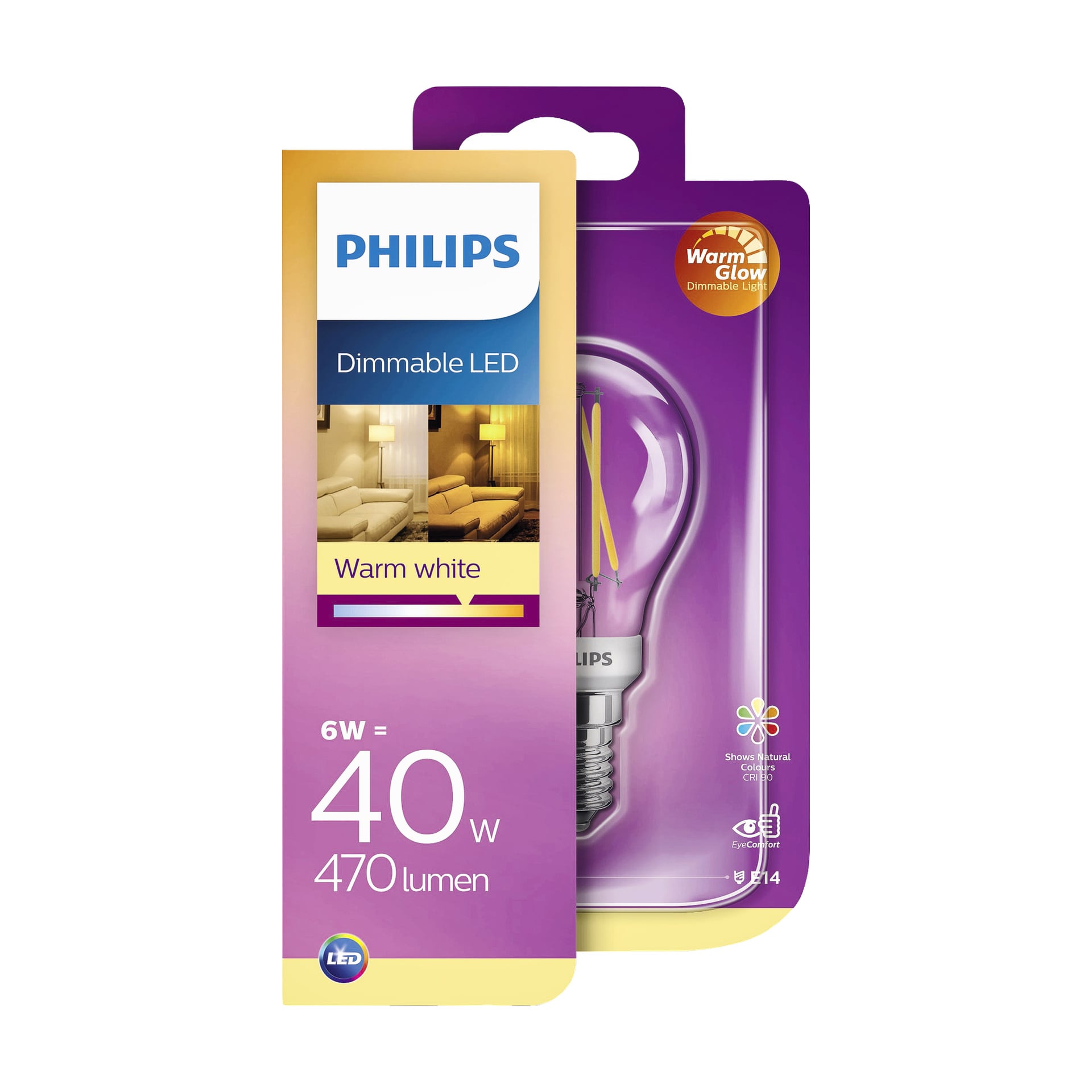 Förpackning för Philips Dimmable Globe LED-lampa med WarmGlow, som visar lampan tillsammans med detaljer som varmt vitt ljus, 6W effekt motsvarande 40W, 470 lumen, WarmGlow-funktionen, bilder på rumsmiljöer och en design framhävd av lila och orange färger.
