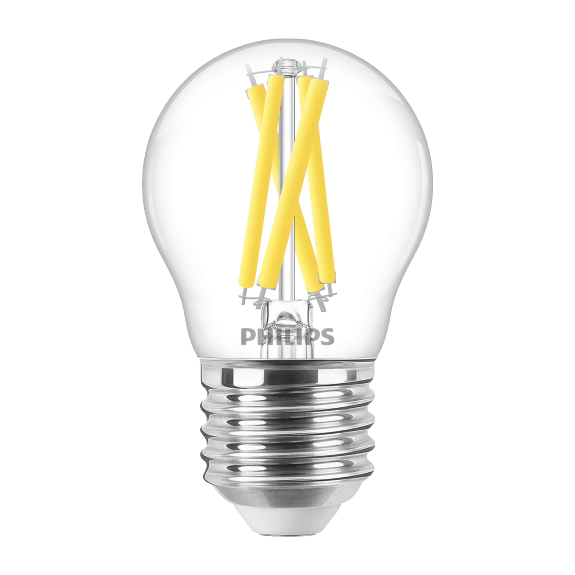 En Philips Dimmbar glob LED-lampa WarmGlow med klart glas, gula glödtrådar och en silverfärgad skruvbas visas stå upprätt. Lampan är märkt "Philips."