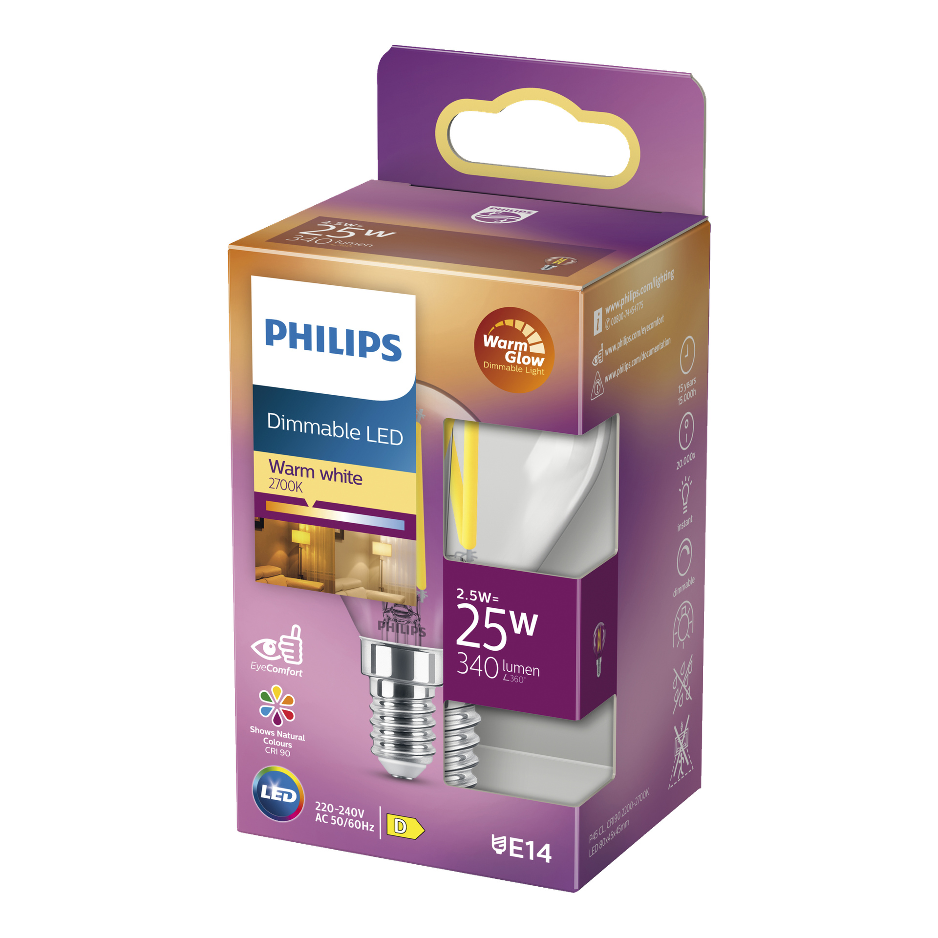 Philips dimbar globlampa WarmGlow i lila och gul förpackning, med viktiga detaljer som varmvit 2700K, 2,5W (25W ersättning), 340 lumen och E14 bas. Paketet innehåller bilder på glödlampan och ikoner som lyfter fram dess huvudfunktioner.