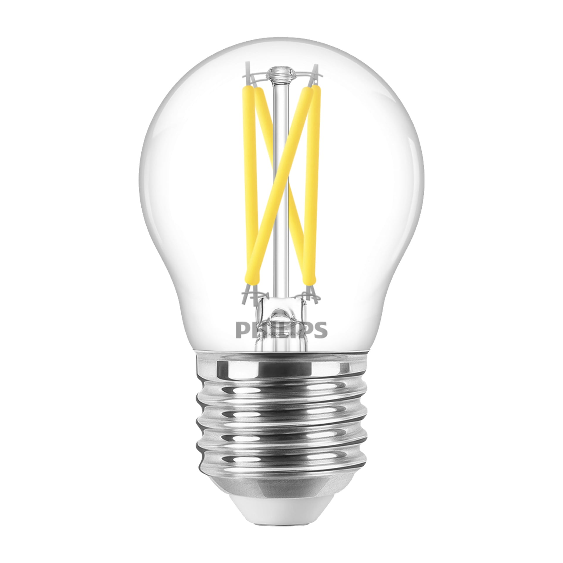 En Philips dimbar glob LED-lampa WarmGlow med ett transparent glasskal, gula glödtrådsremsor inuti och en silverskruvbas med Philips-loggan nära botten.
