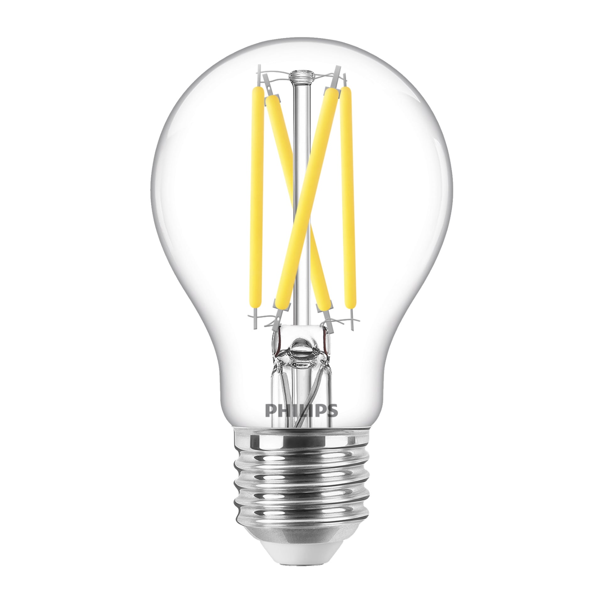 En klar Philips dimmbar LED-lampa WarmGlow visar framträdande gula glödtrådar, en silverfärgad skruvbas och PHILIPS-varumärket tryckt nära nederkanten.