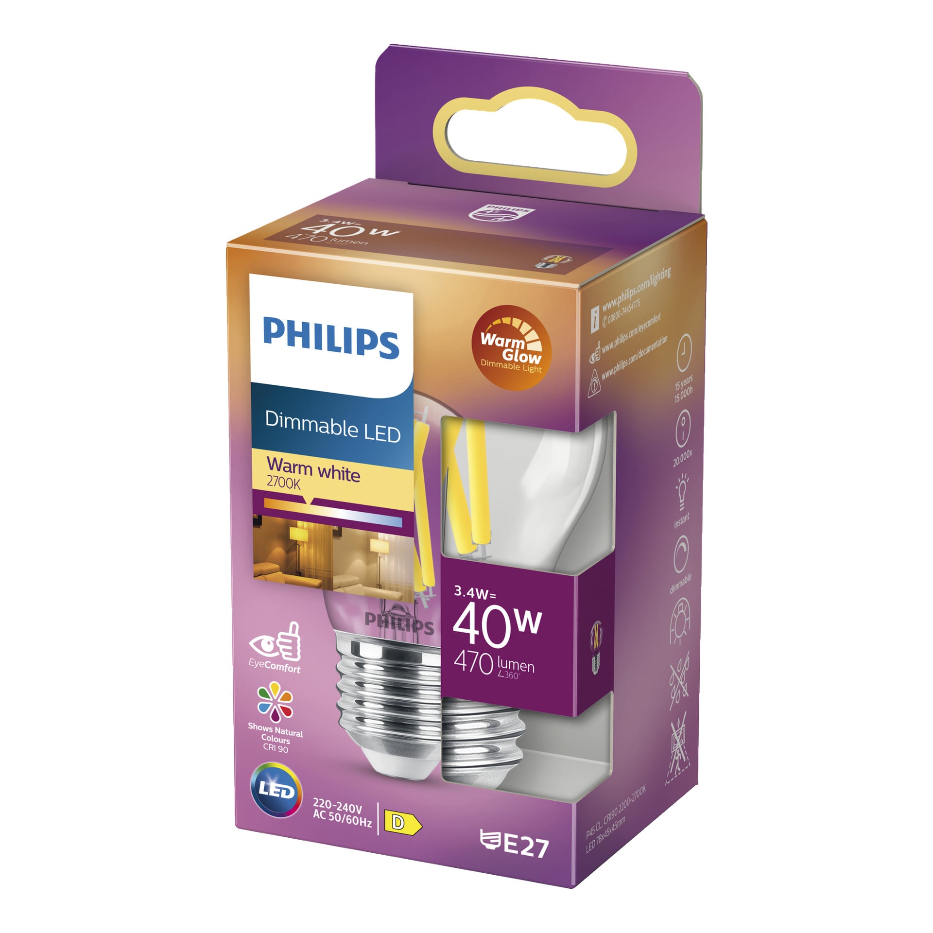 En låda med Philips dimmbara glob-LED-lampor med WarmGlow-teknik i varmt vitt (2700K), 3,4W effekt (motsvarande 40W glödlampa), 470 lumen ljusstyrka och en E27-bas. Förpackningen är övervägande lila och gul, med två lampor och olika produktspecifikationer.