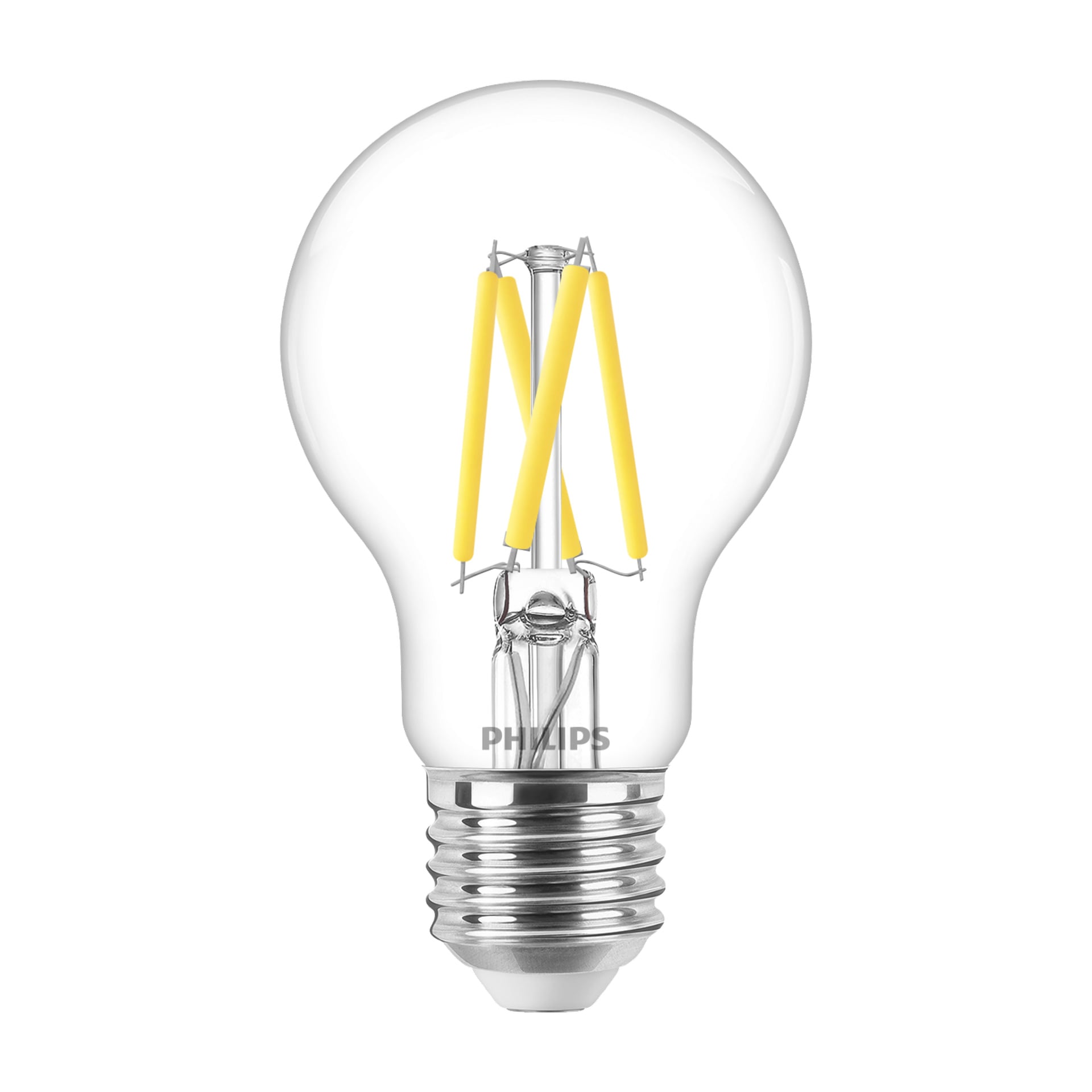 En Philips Dimmbar WarmGlow LED-lampa med transparent kropp, silverfärgad skruvbas och fyra exponerade gula glödtrådar.