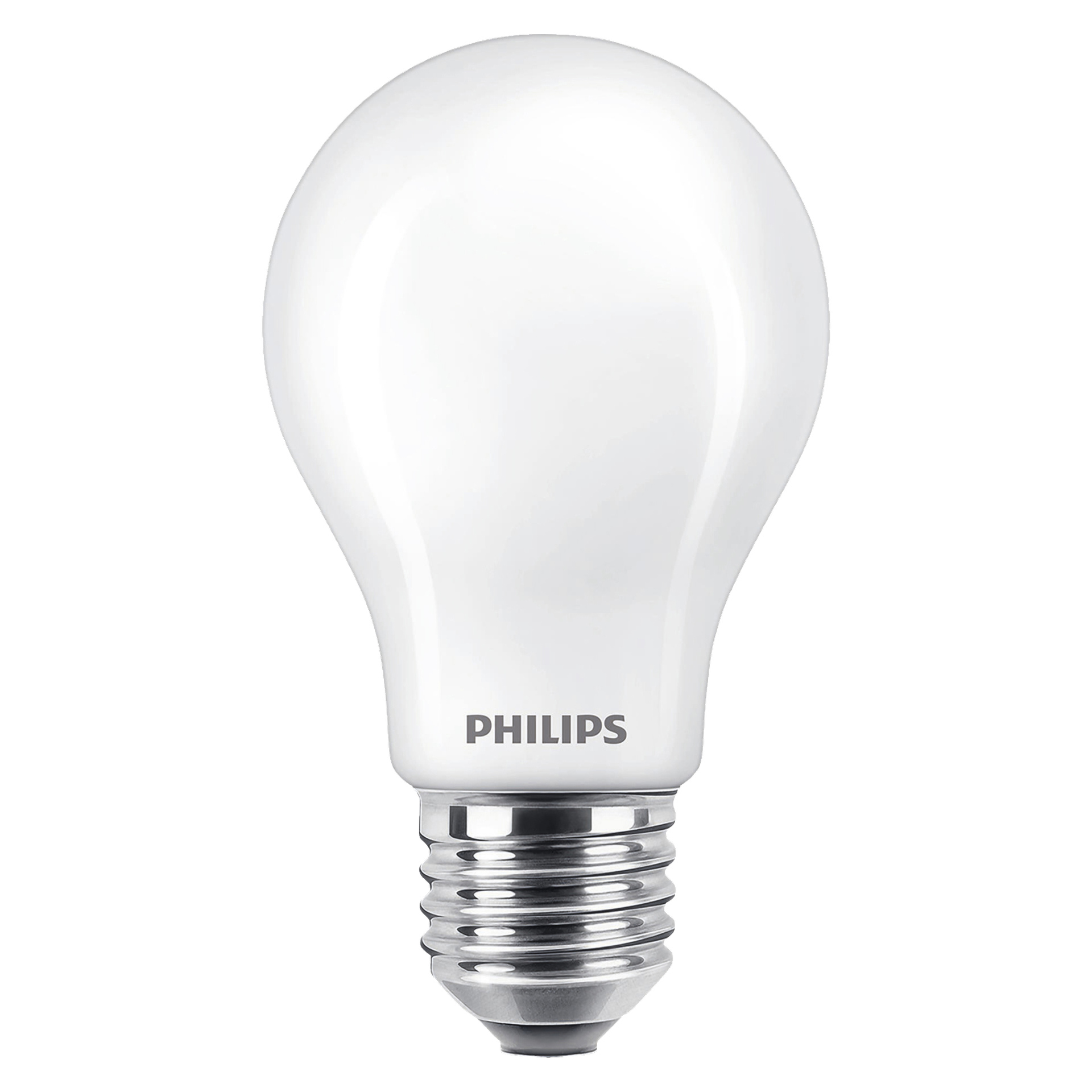En Philips Dimmbar WarmGlow LED-lampa med frostat vitt glaslock och en silverfärgad skruvbas.