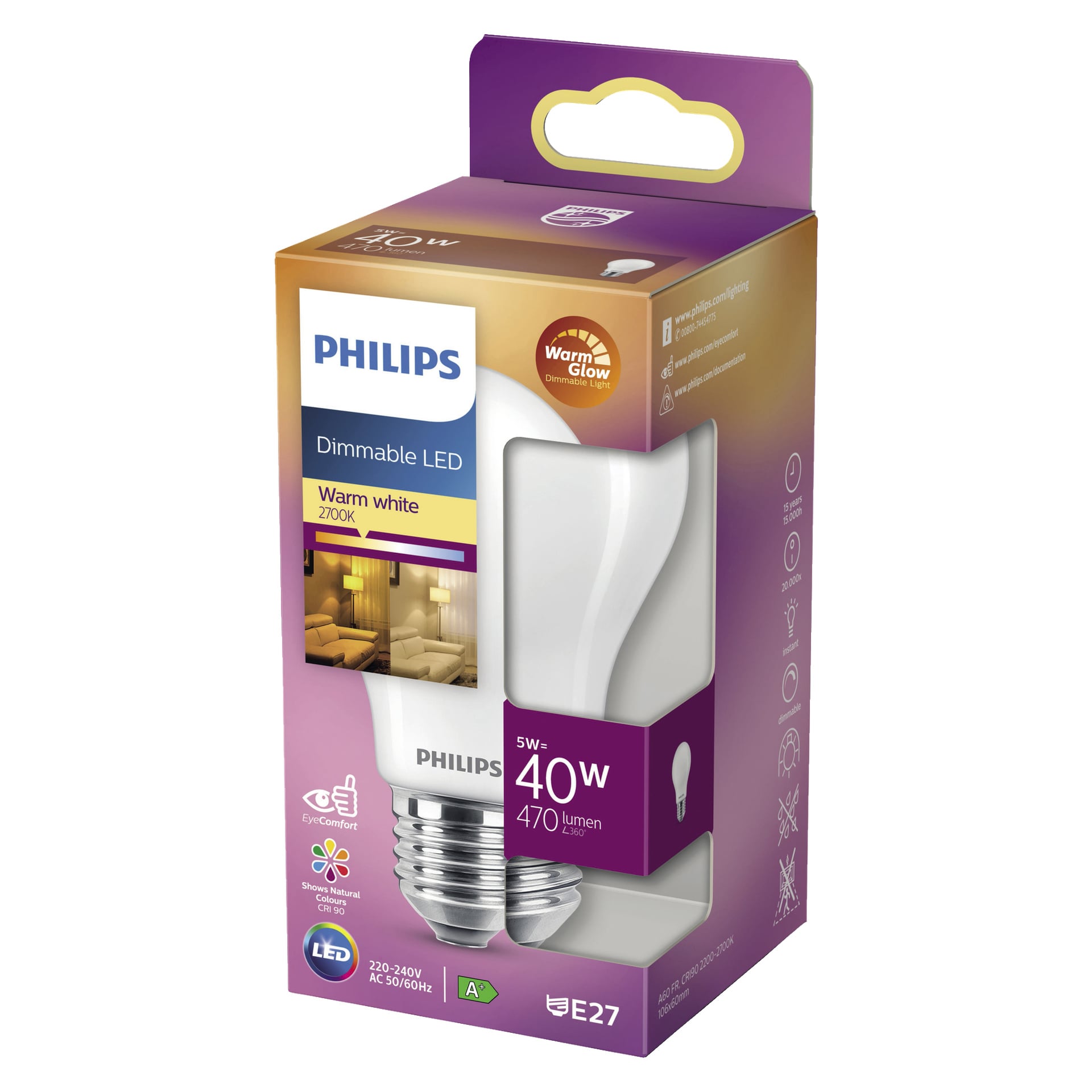 En Philips WarmGlow dimbar LED-lampa visas i förpackningen, som är lila och orange och visar detaljer som varmvit 2700K, 5W (motsvarande 40W), 470 lumen och en E27-bas. Olika produktspecifikationer syns på förpackningen.