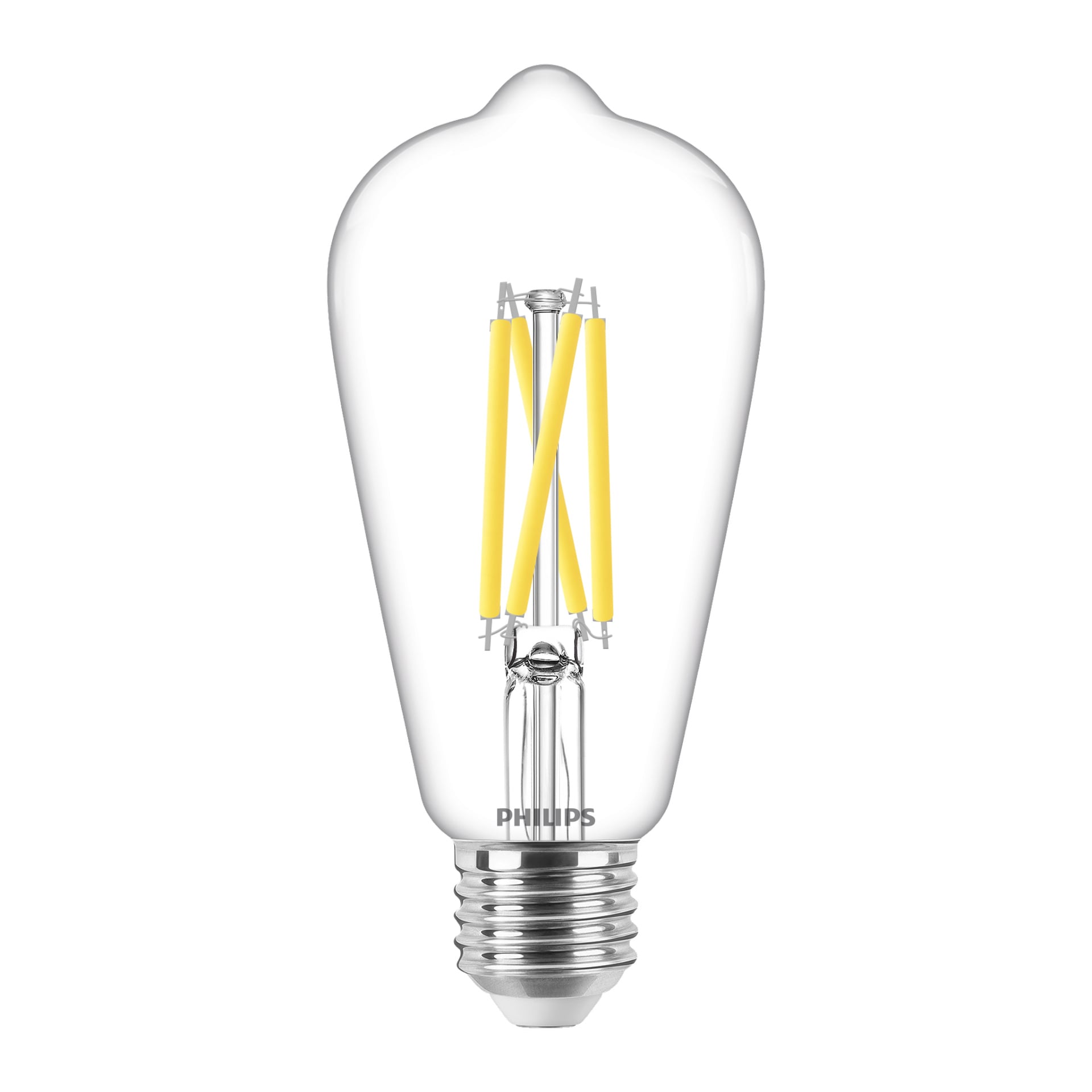 En Philips WarmGlow Edison-stil dimmbar LED-lampa med klart glas, en exponerad glödtrådsdesign och en silverfärgad skruvbas. Den nedre delen av lampan visar Philips-logotypen.