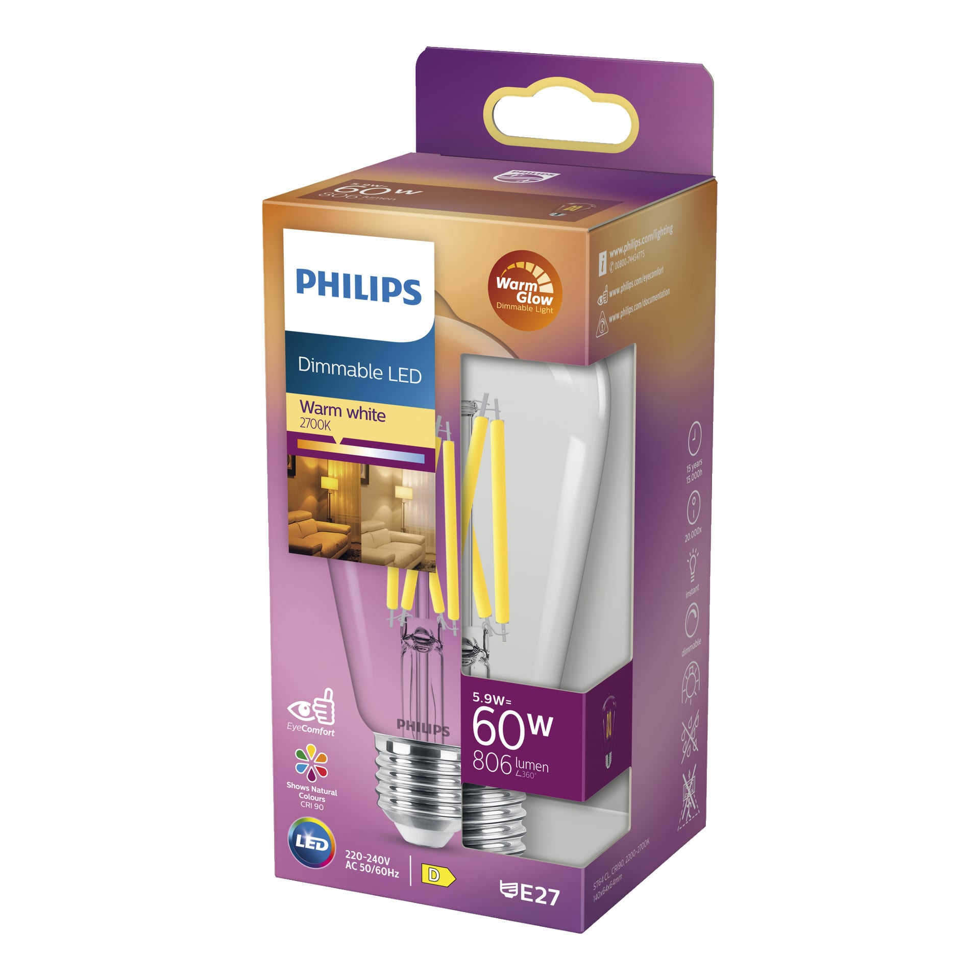 En Philips WarmGlow dimbar Edison LED-lampa i varmt vitt är förpackad i en lila och orange låda. Framsidan av förpackningen listar detaljer som 5,9W, 60W ersättning, 806 lumen, E27-bas och 2700K färgtemperatur. Funktioner som EyeComfort och justerbar dimning betonas på lådan.