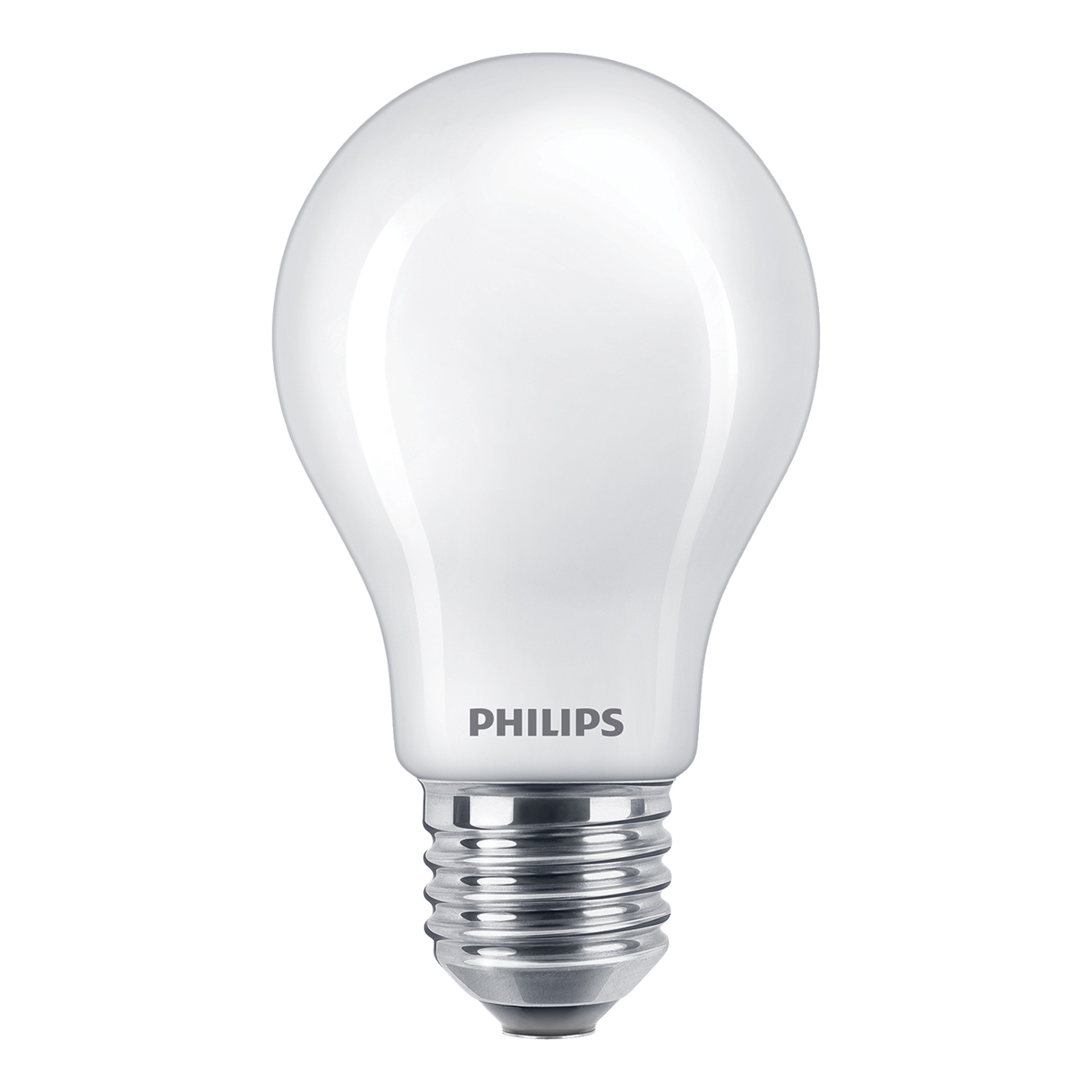 En Philips dimbar WarmGlow LED-lampa med traditionell rund design, vit frostat glasyta och en standard skruvsockel.