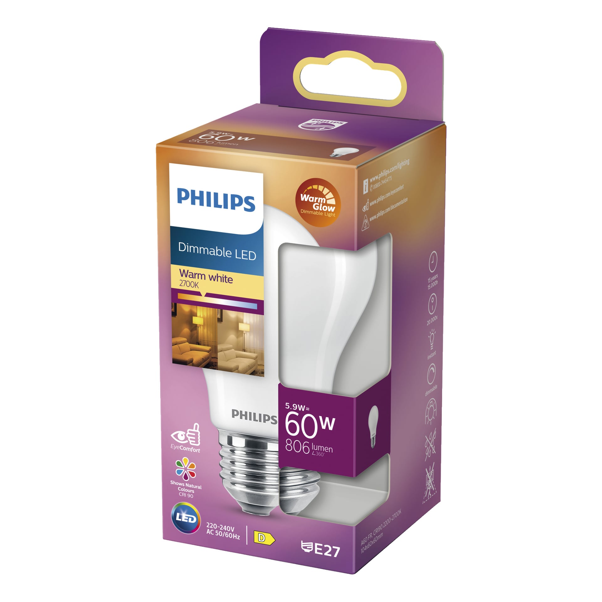 En Philips dimmbar LED-lampa WarmGlow visas i en lila och orange låda märkt som varm vit 2700K, 5,9W (60W ekvivalent), med en E27-bas och 806 lumen. Förpackningen visar ikoner för energieffektivitet och ögonkomfort.