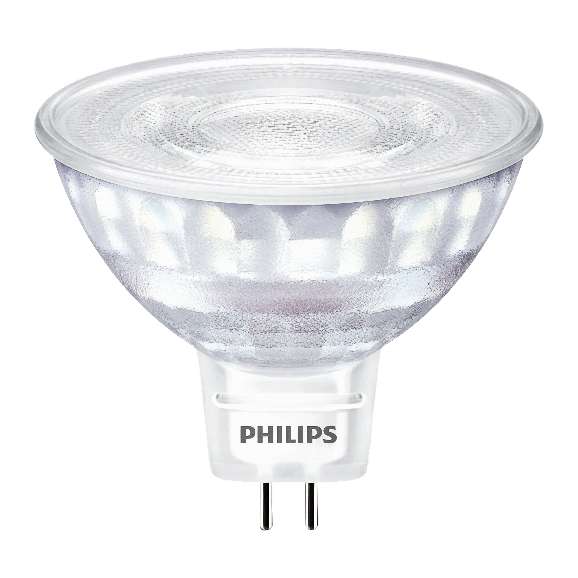 En Philips Dimmbar bi-pins LED WarmGlow-lampa med en klar, texturerad glaskropp och två metallpinnar längst ner, gjord för punkt- eller accentbelysning.