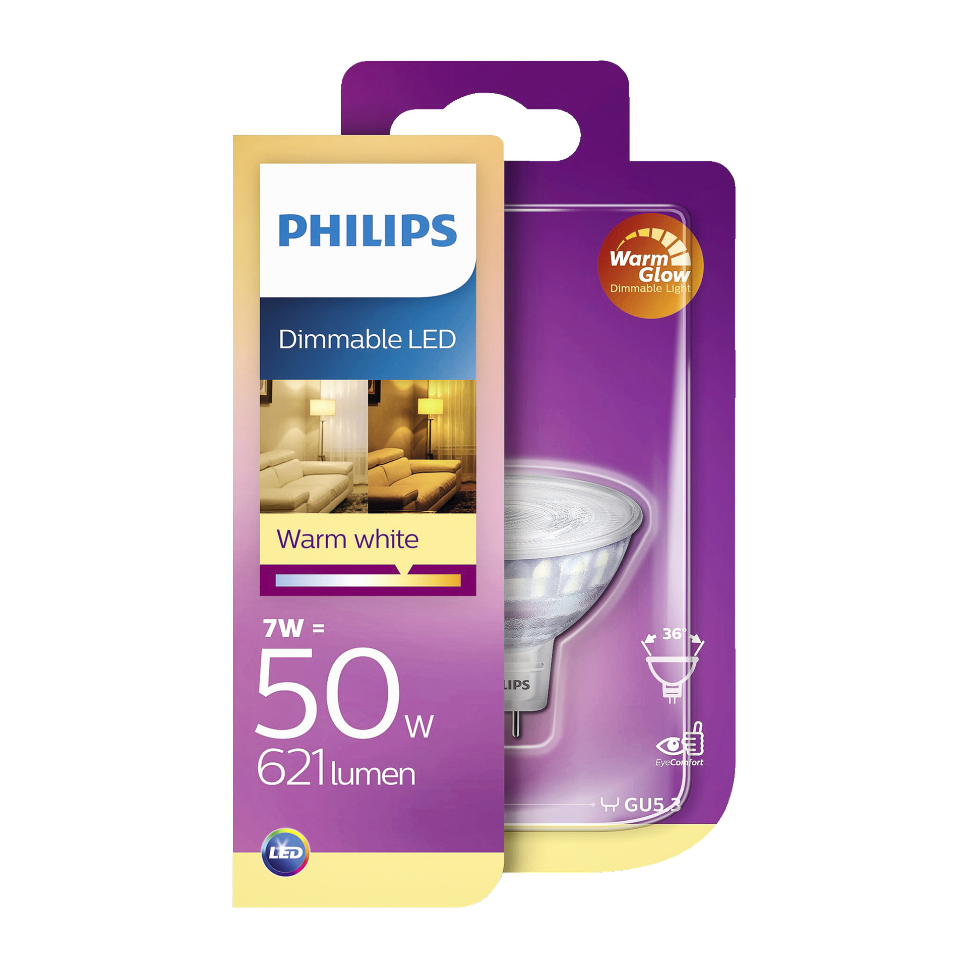 Philips Dimmable bi-pins LED WarmGlow-lampan visas i lila förpackning, vilket visar att dess 7W effekt är en ersättning för en 50W-lampa. Förpackningen anger att den avger 621 lumen varmt vitt ljus, använder en GU5.3-bas och har Warm Glow-teknologi. Bilder av välbelysta rum visas också på lådan.