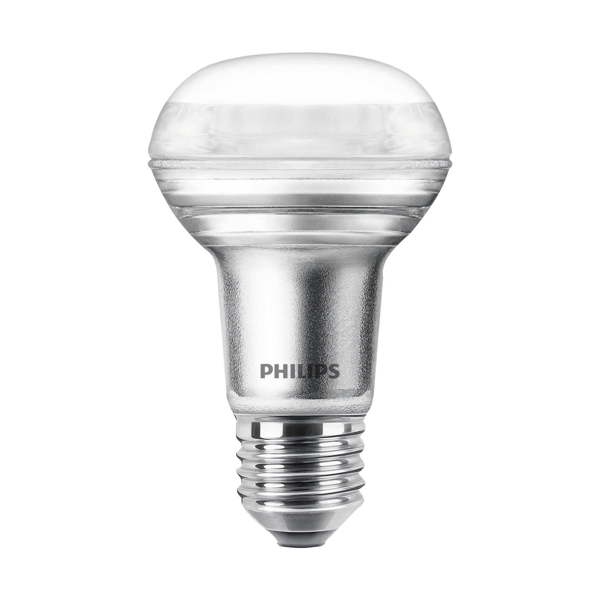 En Philips Reflector LED-lampa med frostad kupol och en standardskruvbas visas stå upprätt.