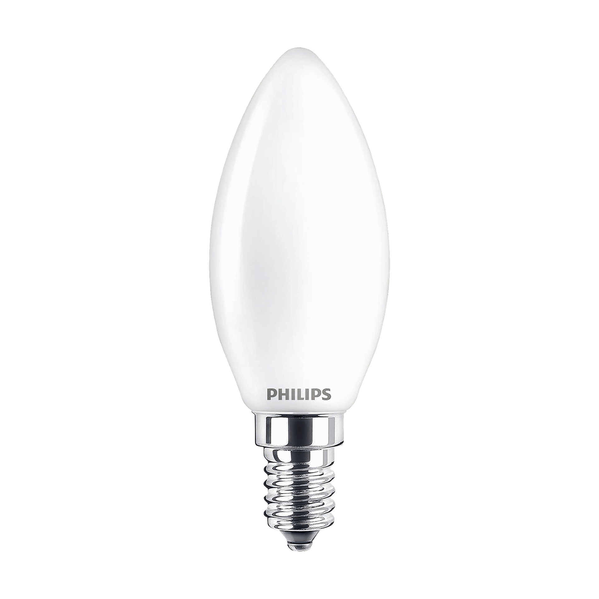 En vit, ljusformad Philips Dimmbar ljuskrona LED-lampa WarmGlow med metallisk skruvbas.