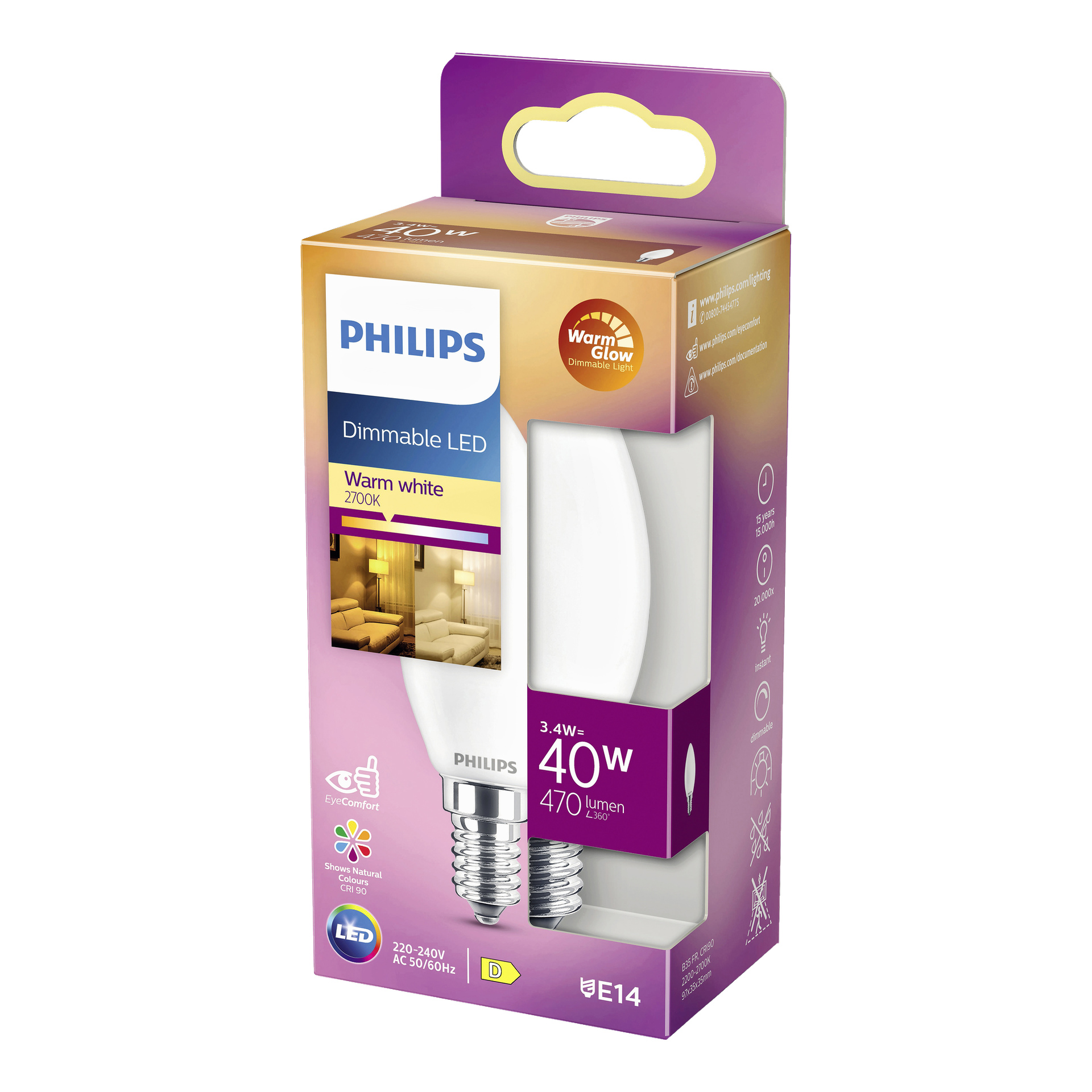 Butiksförpackning för en Philips WarmGlow dimmbar LED-ljuskrona, med specifikationer: 3,4W effekt, 470 lumen, 270K varmvit färgtemperatur, E14-bas och markerad som ersättning för en 40W-lampa. Förpackningen visar produktdetaljer genom ikoner och inkluderar bilder av inbjudande, varmt upplysta rum.