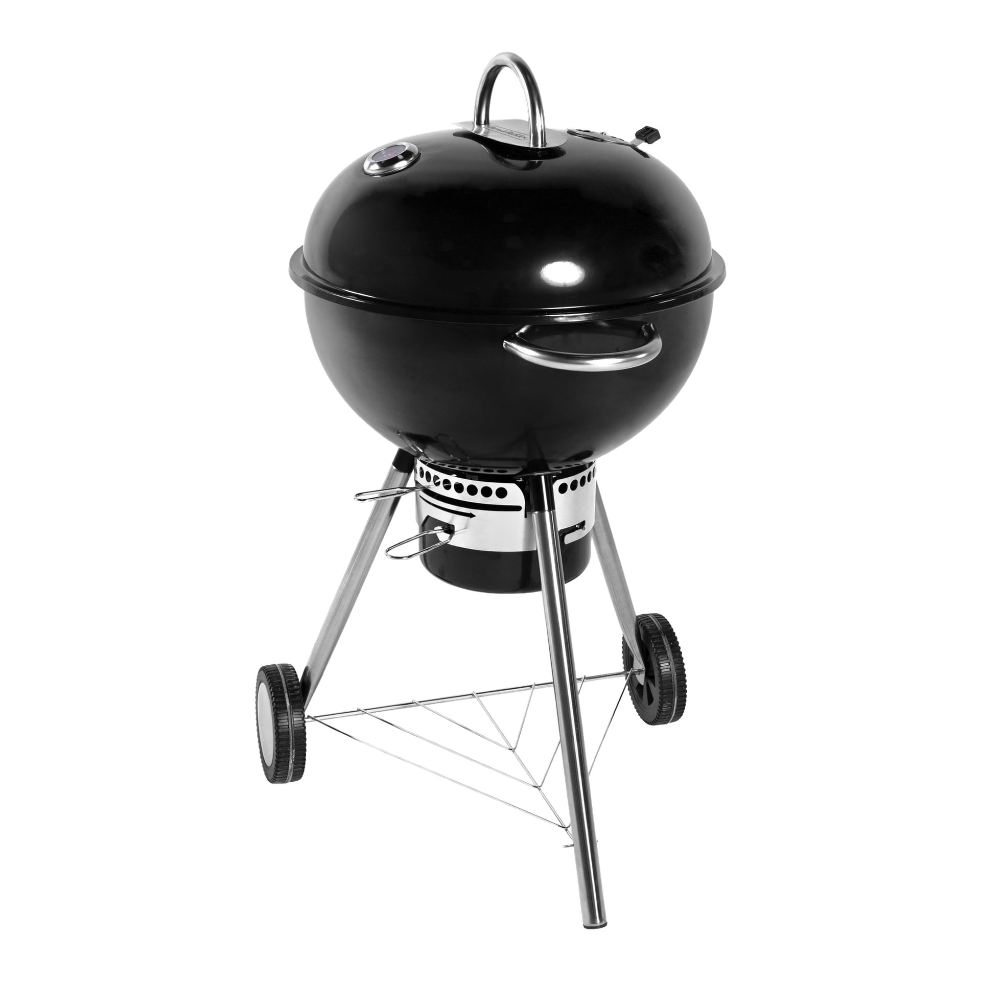 Burns & Barkles Kettle Grill Coal King 570 är en slank, svart kolgrill med rund design och kupolformat lock som inkluderar en inbyggd termometer. Två robusta handtag är fästa vid locket. Grillen stöds av tre metallben, varav två har hjul för enkel rörelse. En nedre hylla och en askfångare finns under huvudgrillen för extra bekvämlighet.