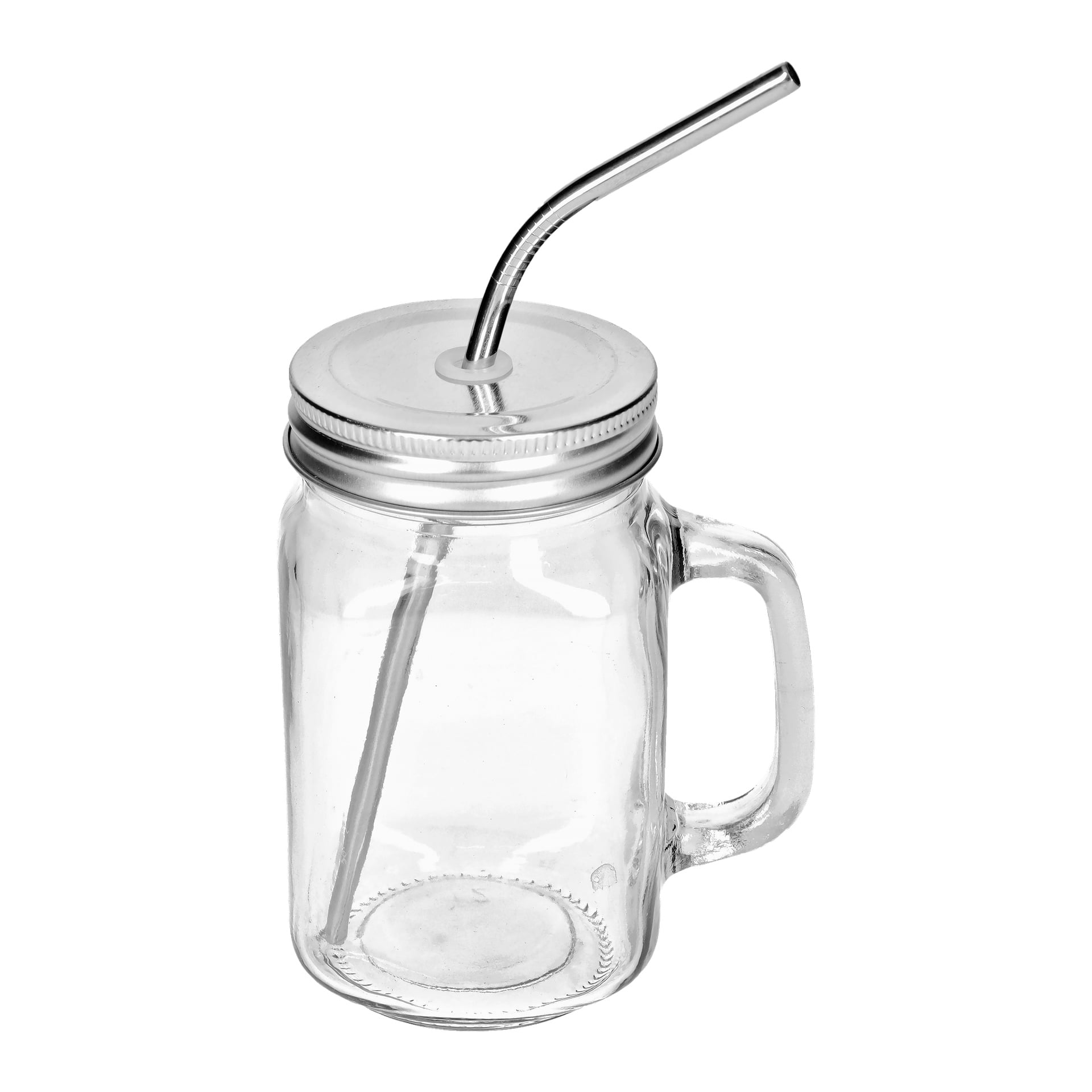 En Menuett Glass murarmugg med handtag, transparent kropp, skruvat metalllock och ett böjt metallsugrör som går genom locket. Muggen är tom.
