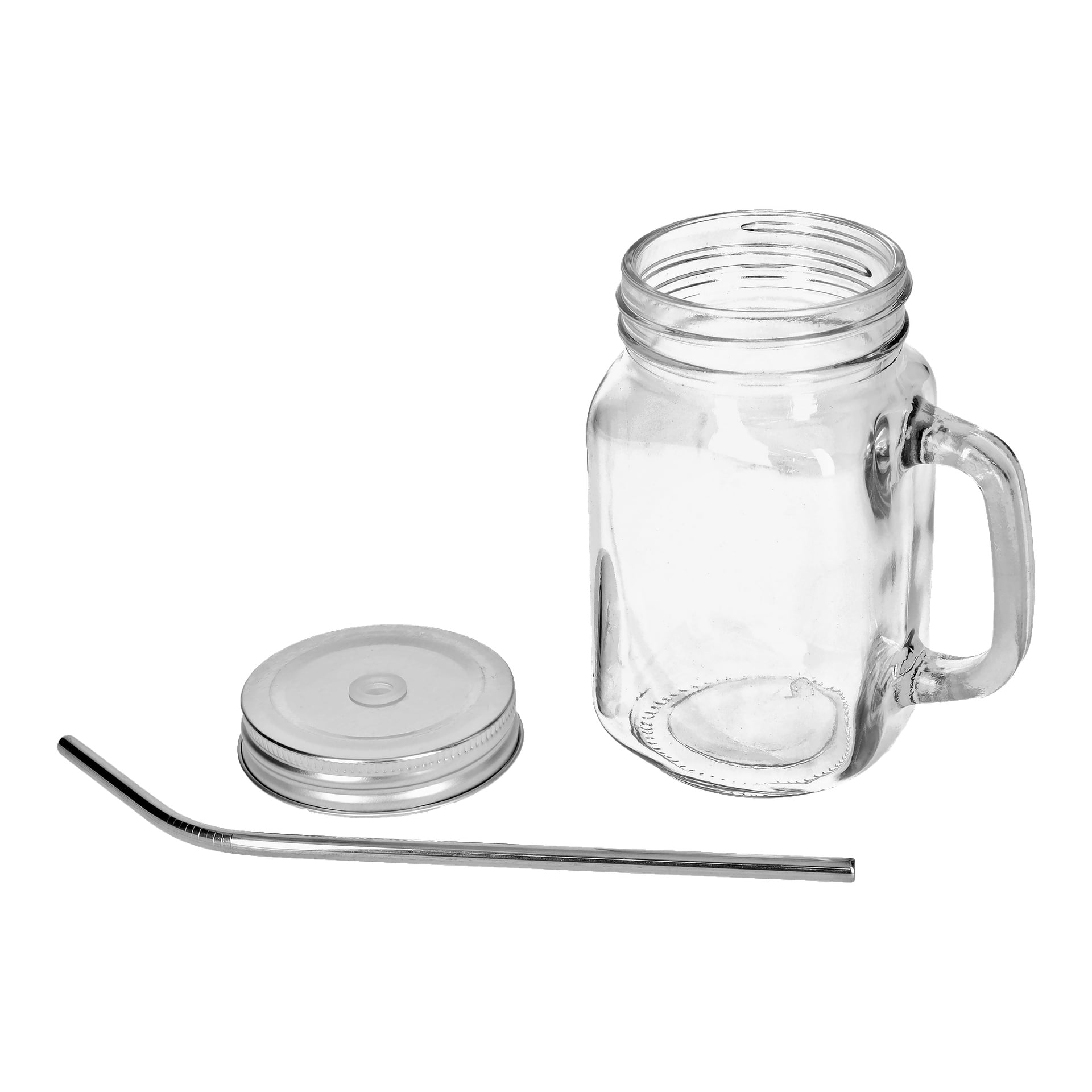 En Menuett Glass-glasmugg Mason-burk visas med ett metalllock och metallsugrör.