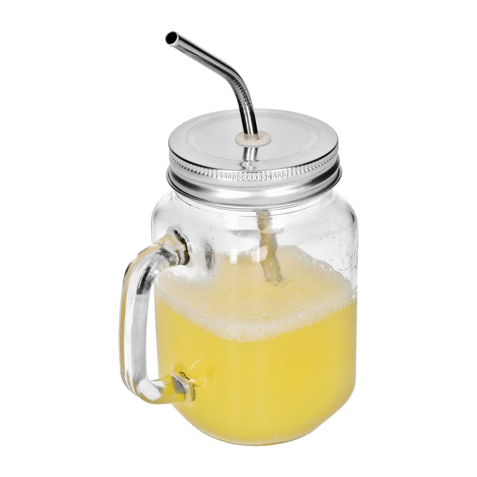 Menuett Glass Mason-muggen, fylld med gul juice, har ett handtag, ett metalllock och ett böjt metallsugrör.