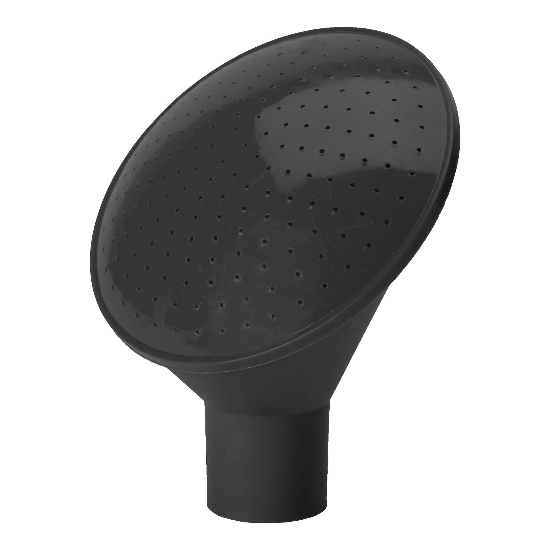 Ett svart plast-Hard Head sprinklertillbehör för en vattenkanna, designat med flera små hål över sin rundade yta för att jämnt fördela vattnet över växterna.