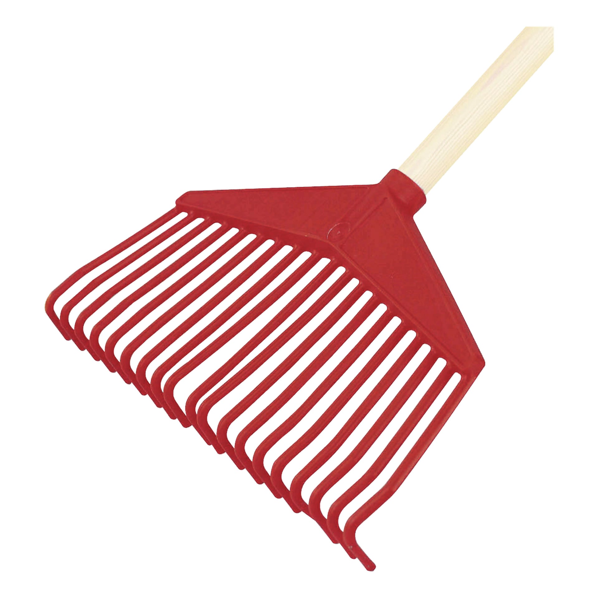 Grabie z twardą głowicą ma czerwoną plastikową głowicę z szerokimi, równomiernie rozmieszczonymi zębami i jest zamontowane na jasnej drewnianej rączki.
