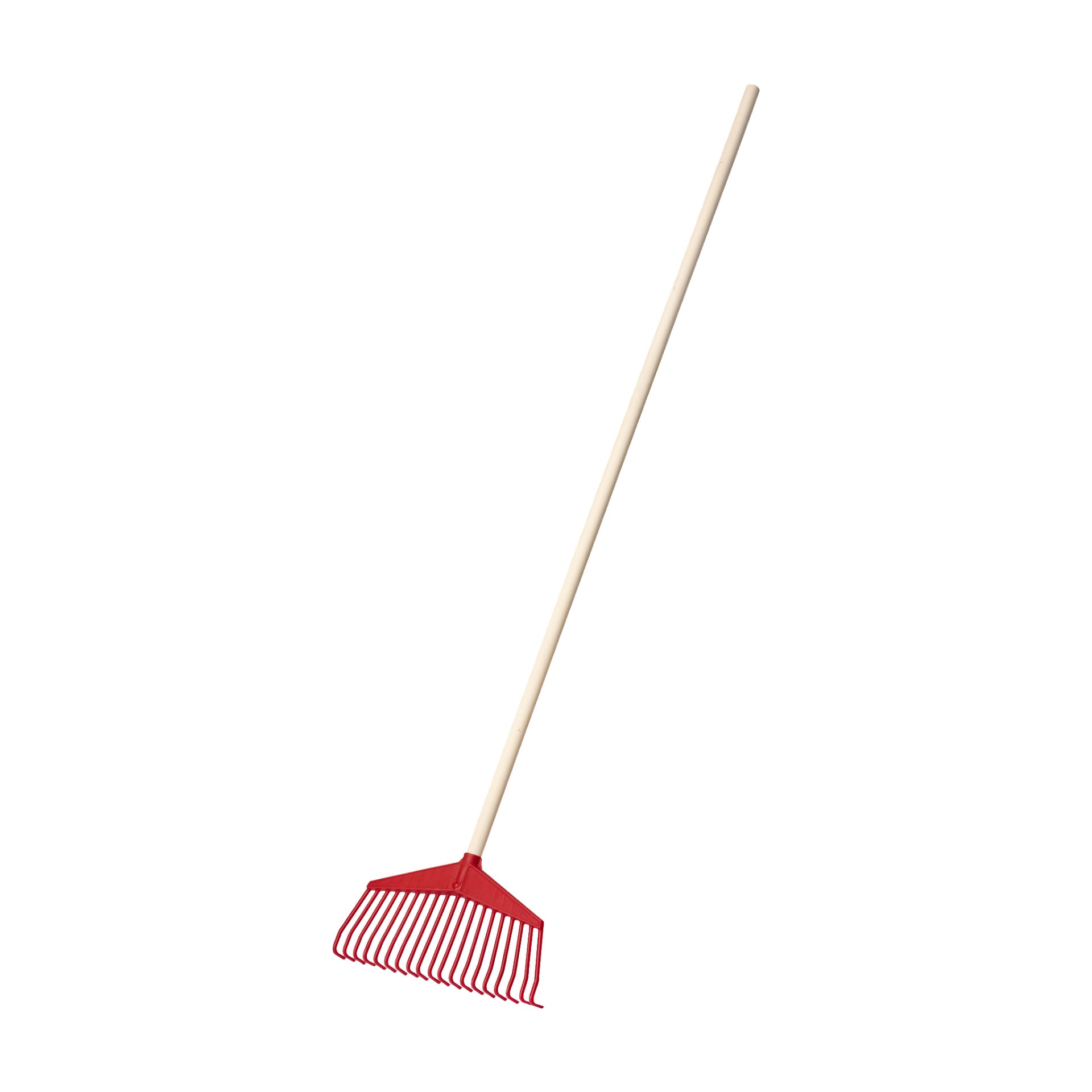 Grabie z twardą głową z czerwonym plastikowym głowicom i długim drewnianym uchwytem.