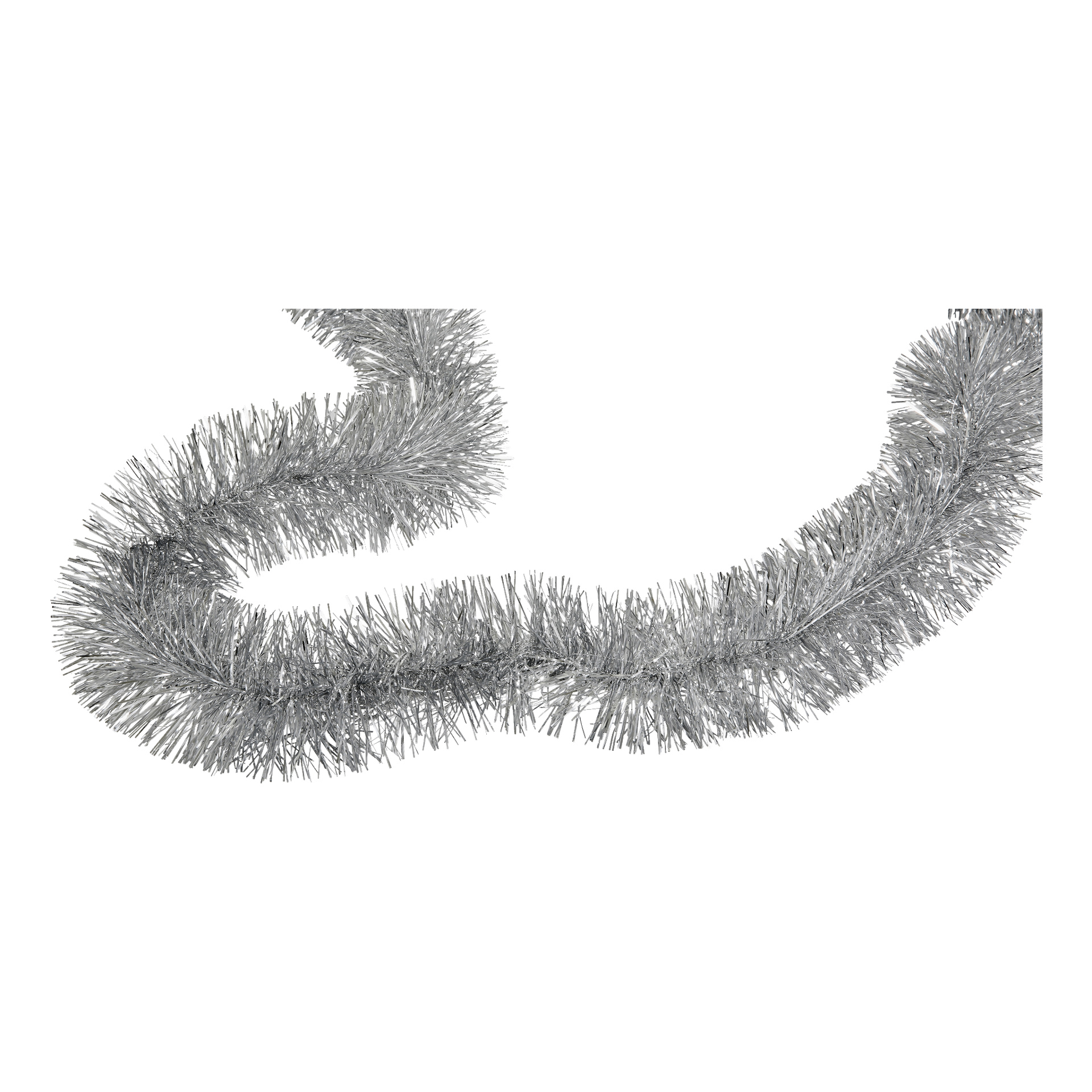 Et nærbilde av EKVIP Tinsel, en sølvkrans løst buet. Den metalliske overflaten gir glitteret et skinnende, reflekterende utseende.
