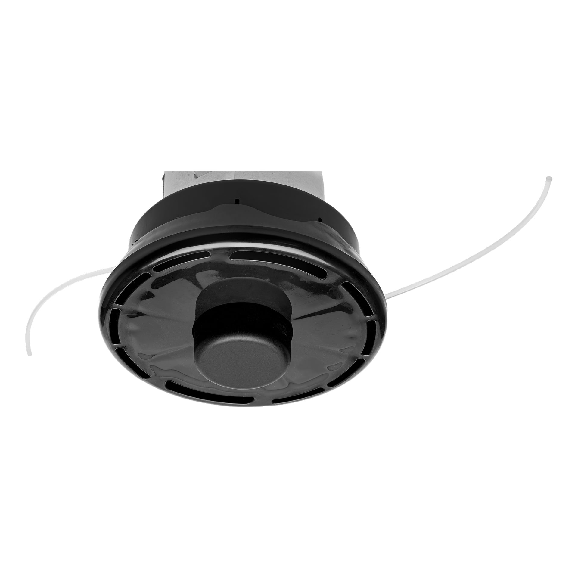 Szczegółowe zbliżenie szpuli Meec Tools Trimmer z czarną plastikową osłoną i wewnętrzną szpulą z dwoma liniami cięcia wychodzącymi na zewnątrz, zaprojektowanymi do skutecznego przycinania trawy lub chwastów.