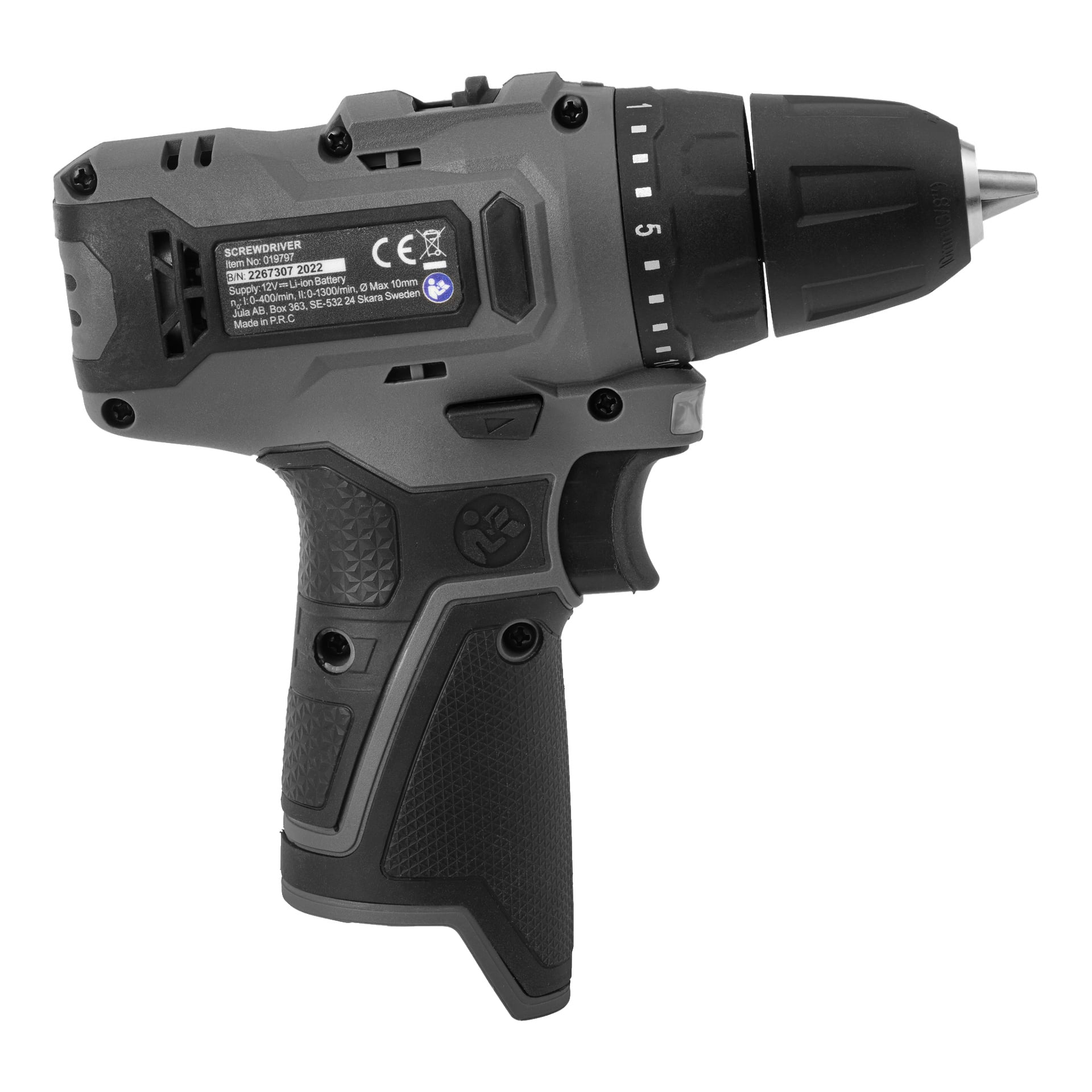 En svart og grå Meec Tools Multiseries 12 V kompakt skrutrekker med teksturert grephåndtak, synlig avtrekker og sidepanel-lageretiketter. Det trådløse designet inkluderer en nøkkelfri chuck og en roterende ring for justerbart dreiemoment.