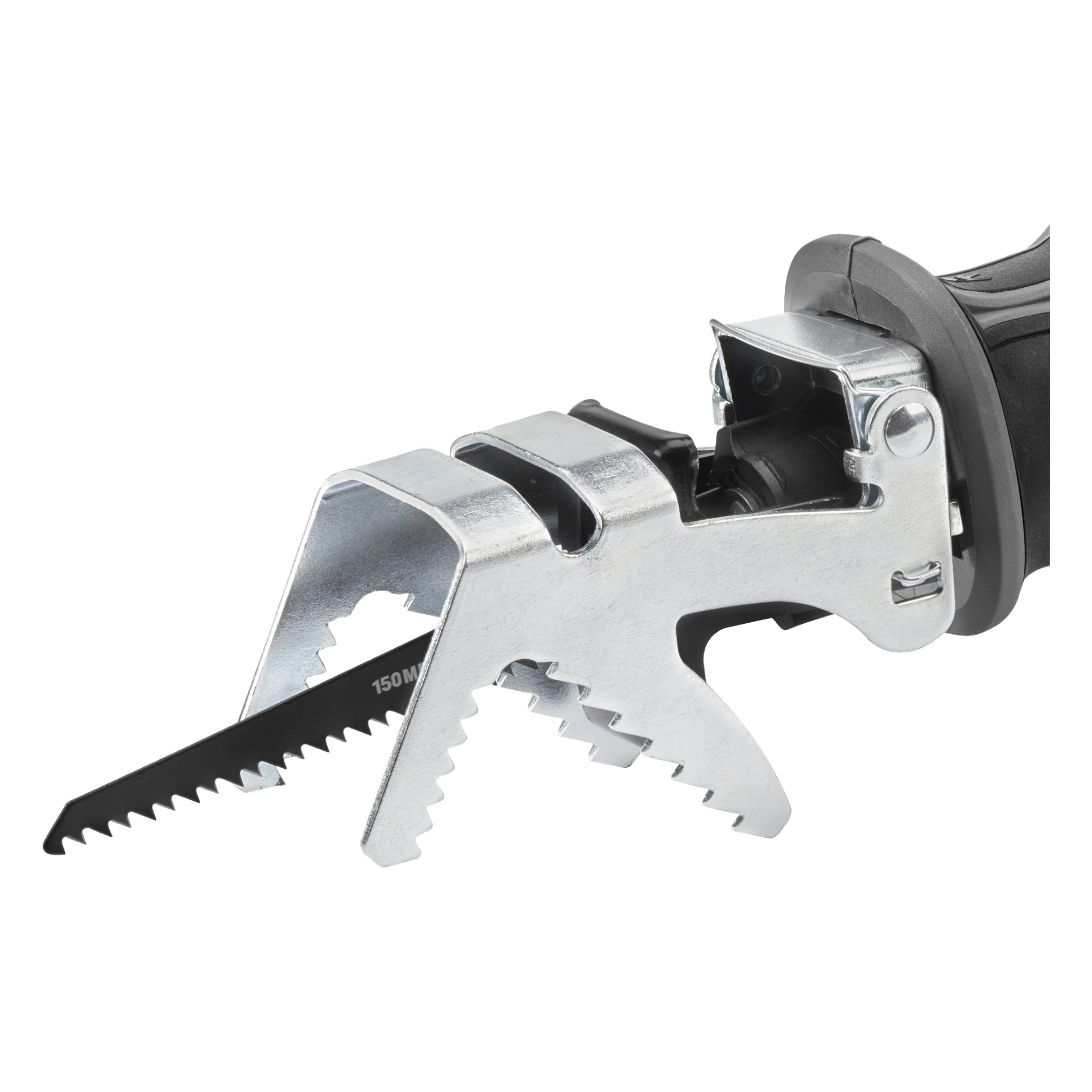Detaljert bilde av Meec Tools Multiseries 12 V kompakt trådløs stempelsag, som viser en metallklemme med saggete kanter og et svart blad, laget for å gripe og kutte ulike materialer.